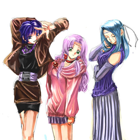 crossempire, farina (fire emblem), fiora (fire emblem), florina (fire emblem), fire emblem, fire emblem: the blazing blade, nintendo, pegasus knight uniform (fire emblem), lowres, 3girls, blue hair, contemporary, green hair, long hair, long skirt, miniskirt, multiple girls, purple hair, short hair, siblings, sisters, skirt