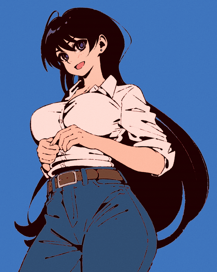 moshimoshibe, arato nagi, ruri no houseki, 1girl, black hair, blue eyes, blush, breasts, denim, earrings, jeans, jewelry, large breasts, long hair, looking at viewer, pants, shirt, simple background, smile, solo, standing, white shirt