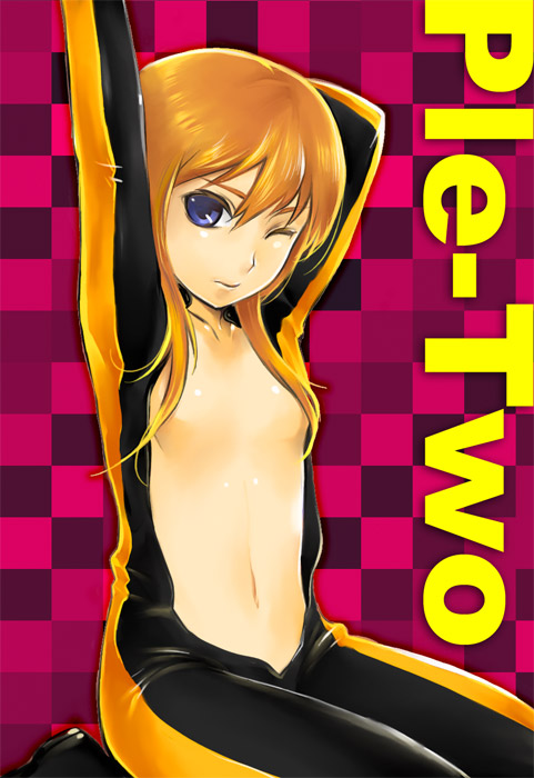 rakuto mangan, puru two, gundam, gundam zz, bad id, bad pixiv id, 1girl, blue eyes, bodysuit, breasts, brown hair, censored, convenient censoring, cowboy shot, female focus, flat chest, kneeling, long hair, solo, stretching, unzipped