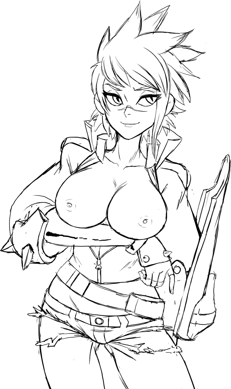 teevo, bullet (blazblue), blazblue, arm under breasts, breasts, breasts out, cleft of venus, denim, denim shorts, gluteal fold, large breasts, midriff, nipples, scar, scar on face, scar on nose, short hair, short shorts, shorts, sketch