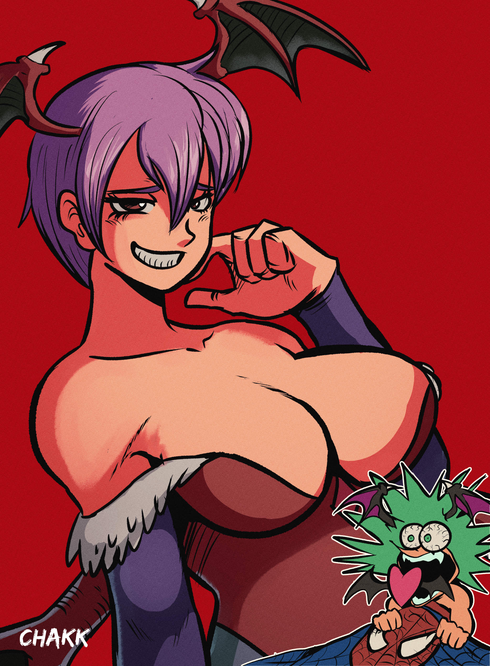 chakkrx, lilith (darkstalkers), morrigan aensland, darkstalkers, marvel, spider-man (series), absurdres, highres, 2girls, alternate breast size (larger), artist name, bare shoulders, breasts, bridal gauntlets, bulging eyes, cleavage, collarbone, demon girl, demon wings, fur trim, green hair, head wings, leotard, multiple girls, purple hair, red background, red eyes, red leotard, short hair, smile, smirk, strapless, strapless leotard, surprised, tongue, tongue out, wide-eyed, wings