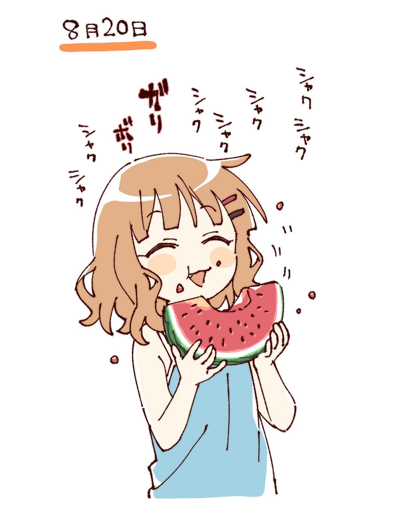 namori, oomuro sakurako, yuruyuri, hashtag-only commentary, highres, translation request, 1girl, :3, :d, ^ ^, bare arms, bare shoulders, blue shirt, blush stickers, brown hair, closed eyes, cropped torso, eating, fang, food, food on face, fruit, hair ornament, hairclip, holding, holding food, open mouth, parallel hairclips, shirt, short hair, simple background, sleeveless, sleeveless shirt, smile, solo, watermelon, watermelon slice, white background