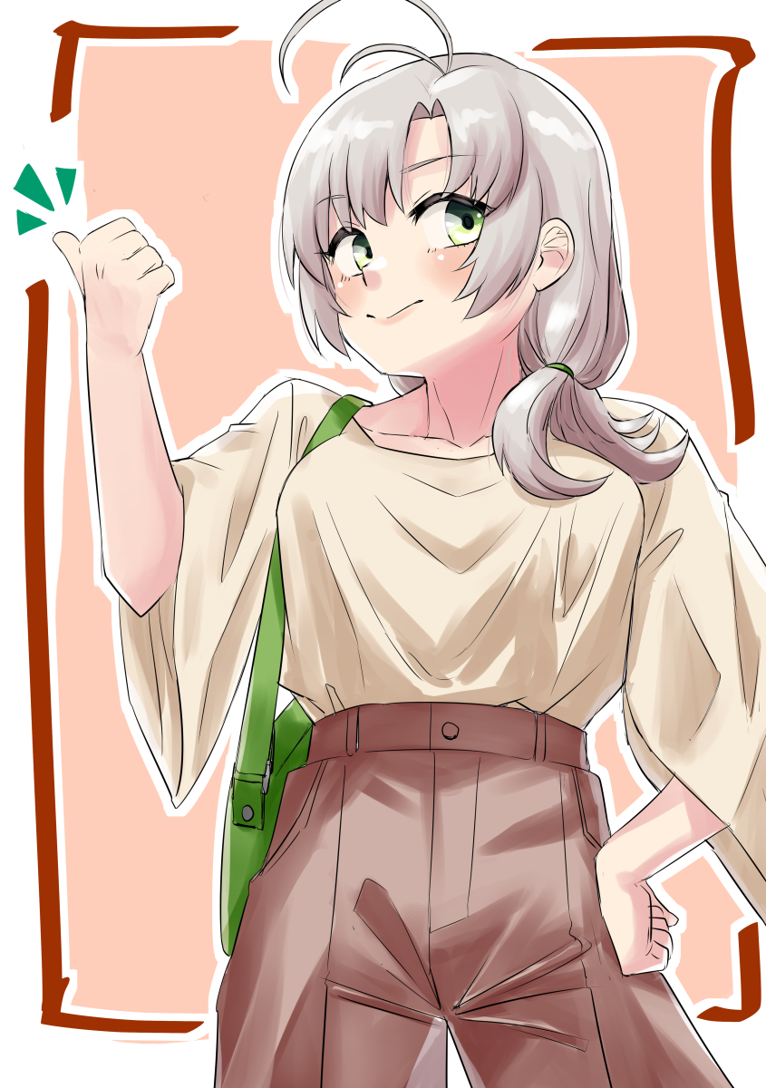 nekotarou (nktr299), kinugasa (kancolle), kinugasa (kure 2025) (kancolle), kinugasa kai ni (kancolle), kantai collection, highres, 1girl, antenna hair, brown shorts, cowboy shot, green eyes, grey hair, hair over shoulder, hand on own hip, hitchhiking, official alternate costume, shirt, shorts, solo, thumbs up, white shirt