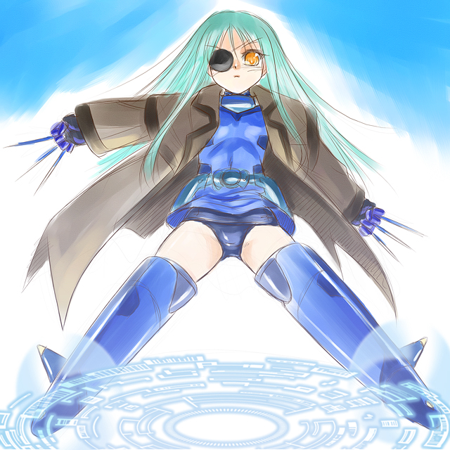 ayato, cinque (nanoha), numbers (nanoha), lyrical nanoha, mahou shoujo lyrical nanoha, mahou shoujo lyrical nanoha strikers, 00s, 1girl, aqua hair, eyepatch, female focus, long hair, magic circle, solo, standing, standing on magic circle, striker unit