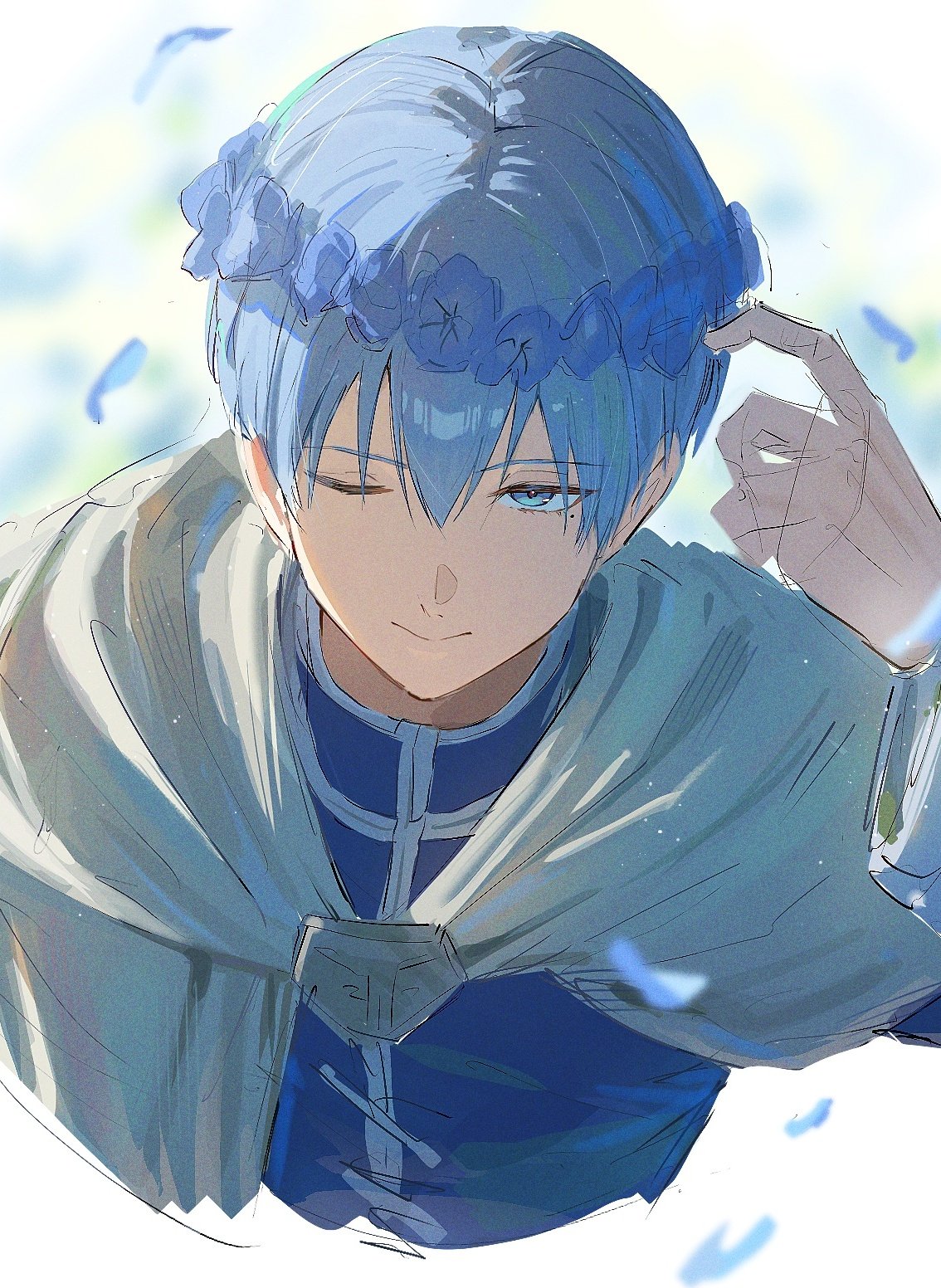 kouchanthree, himmel (sousou no frieren), sousou no frieren, highres, 1boy, blue eyes, blue flower, blue hair, closed mouth, cropped torso, flower, from above, head wreath, male focus, one eye closed, pointy ears, short hair, solo