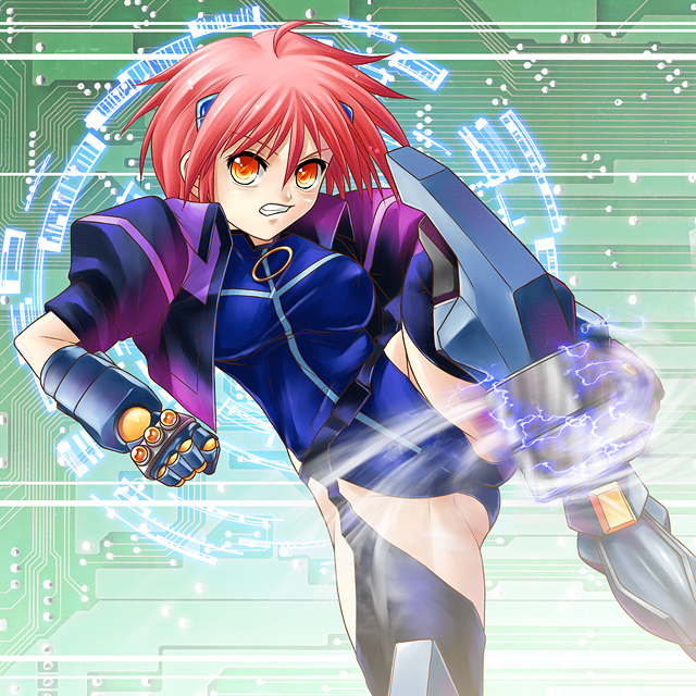 ayato, gun knuckle, jet edge, nove (nanoha), numbers (nanoha), lyrical nanoha, mahou shoujo lyrical nanoha, mahou shoujo lyrical nanoha strikers, 00s, 1girl, blush, clenched teeth, female focus, gauntlets, kicking, leotard, looking at viewer, orange eyes, pink hair, red eyes, red hair, short hair, solo, teeth