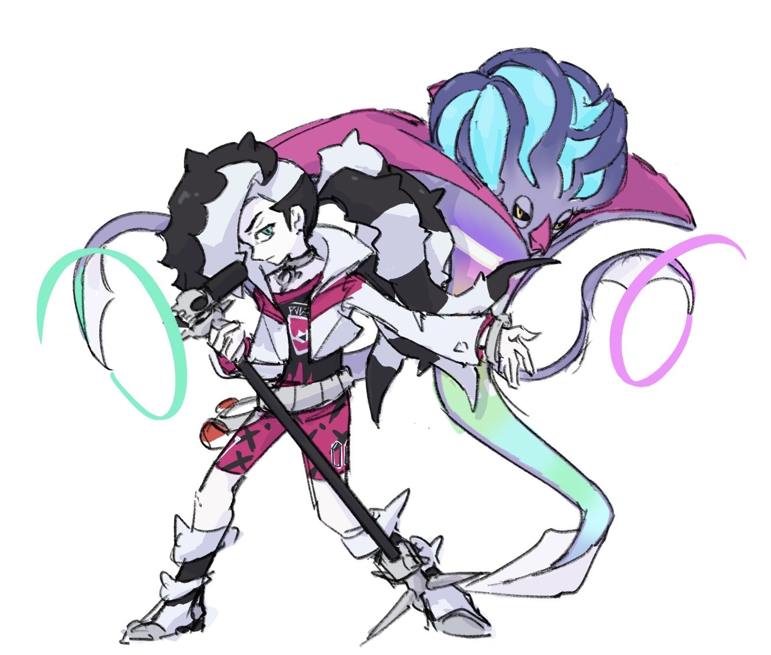 xlii idk, malamar, mega malamar, piers (pokemon), nintendo, pokemon, pokemon swsh, commentary, highres, 1boy, belt, bike shorts, black shirt, boots, closed mouth, cropped jacket, gen 6 pokemon, green eyes, holding, jacket, long hair, male focus, microphone, microphone stand, multicolored hair, open clothes, open jacket, pokemon (creature), ponytail, print shirt, shirt, two-tone hair, white background, white jacket