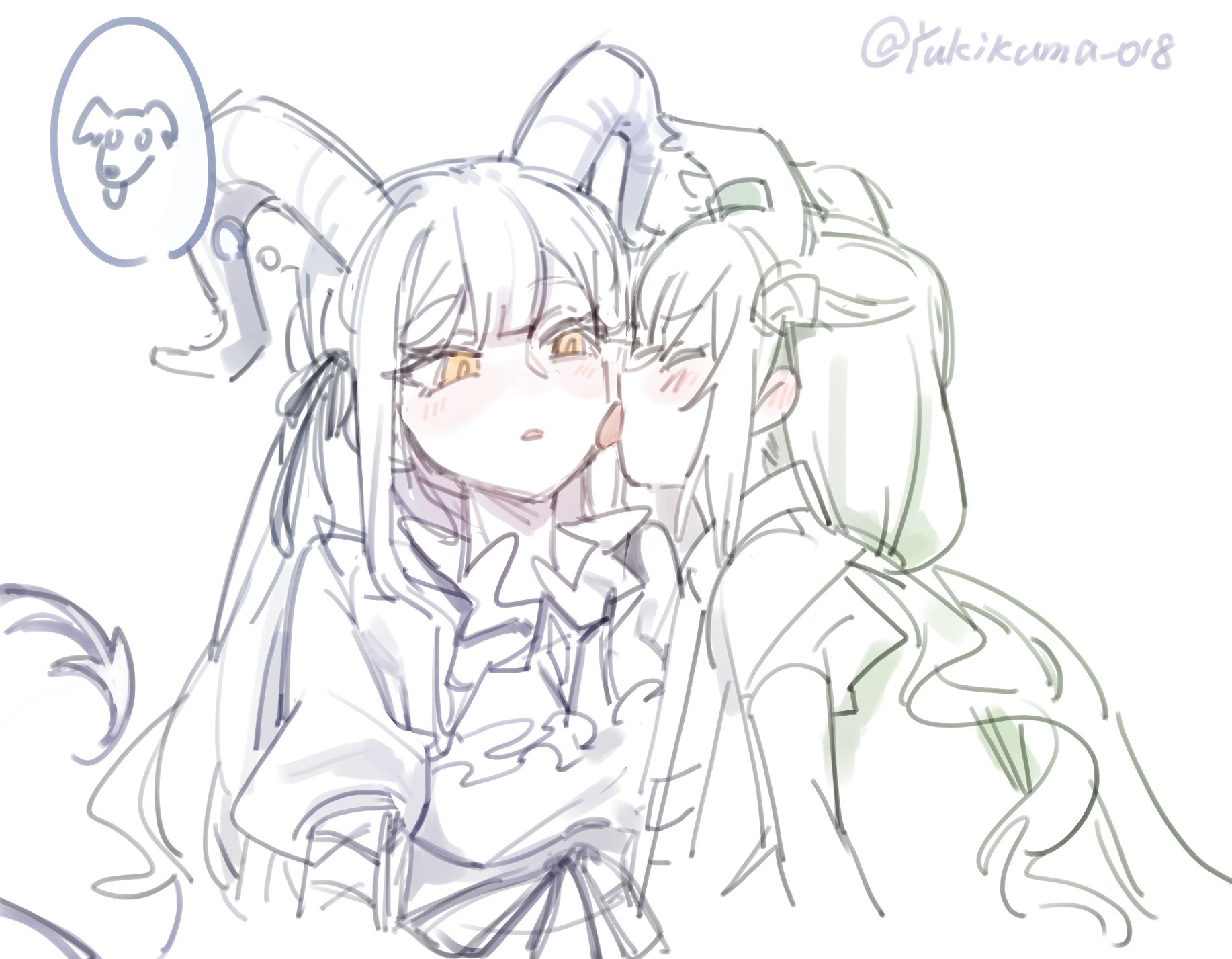 yukikuma (yukikuma 018), morpheus (arknights), togawa sakiko, togawa sakiko (master of melodia), arknights, bang dream!, bang dream! it's mygo!!!!!, chinese commentary, commentary request, highres, 2girls, animal ear fluff, animal ear piercing, animal ears, artist name, blush, center-flap bangs, closed eyes, curled horns, demon girl, demon horns, demon tail, dog, drill hair, drill ponytail, ear blush, furrowed brow, hair ribbon, horns, licking, licking another's cheek, licking another's face, light blush, long hair, low ponytail, multiple girls, multiple monochrome, parted lips, ponytail, profile, puffy sleeves, ribbon, simple background, sketch, speech bubble, spoken animal, tail, tail raised, thought bubble, tongue, tongue out, twitter username, upper body, white background, yellow eyes, yuri