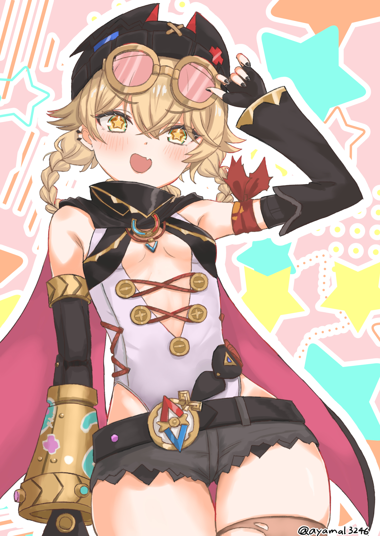 ayamal (mainichi ryokucha), jahoda (genshin impact), genshin impact, highres, 1girl, belt, black belt, black gloves, black hat, black shorts, blush, cowboy shot, detached sleeves, fang, gloves, goggles, goggles on headwear, green eyes, hair rings, hat, open mouth, pink background, red scarf, scarf, shirt, short hair, short shorts, shorts, sleeveless, sleeveless shirt, solo, star-shaped pupils, star (symbol), symbol-shaped pupils, thighs, yellow pupils