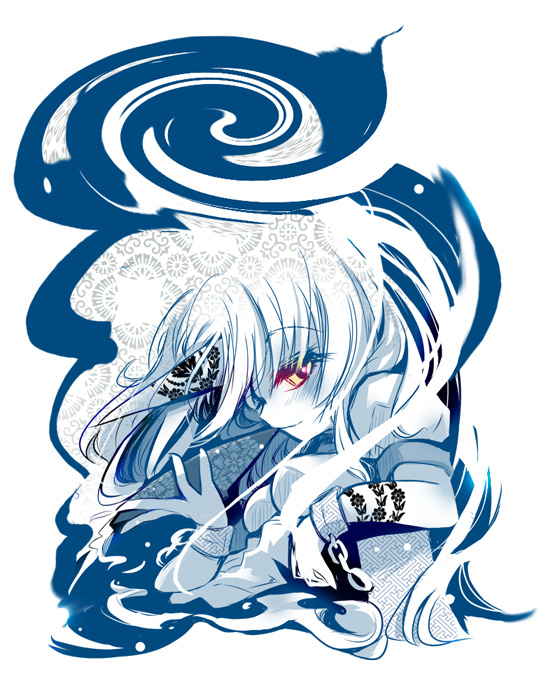 usoneko, hoshiguma yuugi, touhou, 1girl, blue theme, female focus, glowing, glowing eyes, horns, red eyes, single horn, solo