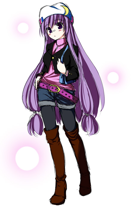 pilky, patchouli knowledge, touhou, 1girl, alternate costume, bespectacled, boots, casual, contemporary, crescent, crescent hat ornament, female focus, glasses, hat, hat ornament, long hair, pantyhose, purple hair, solo, thigh boots, thighhighs