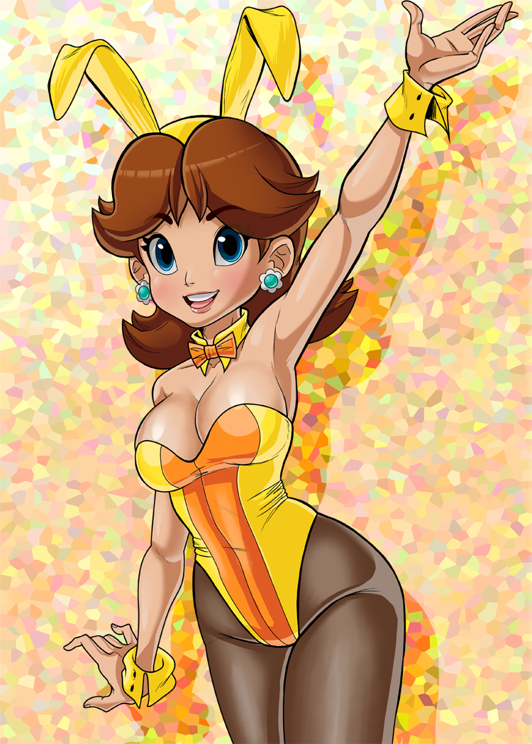 teevo, princess daisy, mario (series), nintendo, animal costume, arms up, bare shoulders, blue eyes, bow, bowtie, breasts, brown hair, cleavage, detached collar, earrings, flower earrings, jewelry, large breasts, leotard, looking at viewer, medium hair, open mouth, rabbit costume, rabbit ears, thighhighs, wrist cuffs
