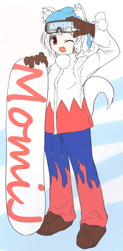 pilky, inubashiri momiji, touhou, 1girl, beanie, character name, coat, female focus, goggles, goggles on head, hat, long sleeves, looking at viewer, pants, pom pom (clothes), red eyes, snowboard, solo, standing, winter clothes, winter coat