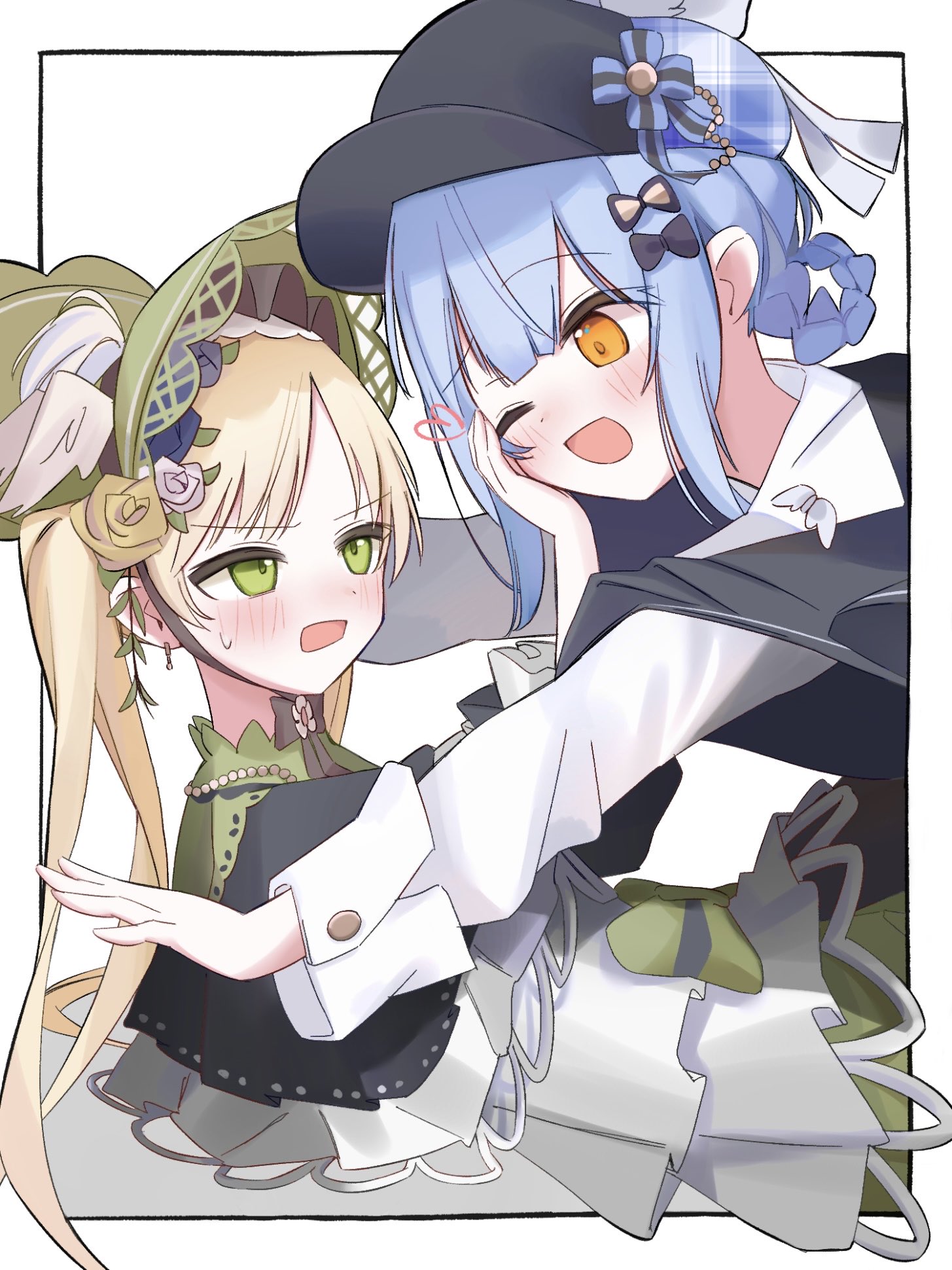 tachibana sherry, tono hanna, mahou shoujo no majo saiban, commentary, highres, 2girls, black capelet, blonde hair, blue flower, blue hair, blue rose, bonnet, border, braid, braided hair rings, capelet, deerstalker, flower, girl on top, green bonnet, green eyes, hair rings, hat, heart, incoming hug, looking at another, magical girl, multiple girls, nekobanana (m23453456), on floor, one eye closed, open mouth, orange eyes, pushing away, rose, simple background, white background, white flower, white rose, yellow flower, yellow rose, yuri