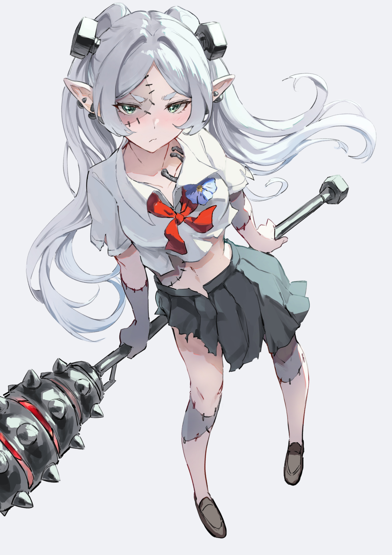 jojobirdz, frieren, sousou no frieren, highres, 1girl, angry, breasts, cleavage, collarbone, collared shirt, elf, floating hair, from above, halloween, halloween costume, holding, holding mallet, holding weapon, long hair, looking at viewer, mallet, medium breasts, midriff, navel, pale skin, pleated skirt, pointy ears, sewn together, shirt, simple background, skirt, solo, torn clothes, twintails, weapon, white background, white hair
