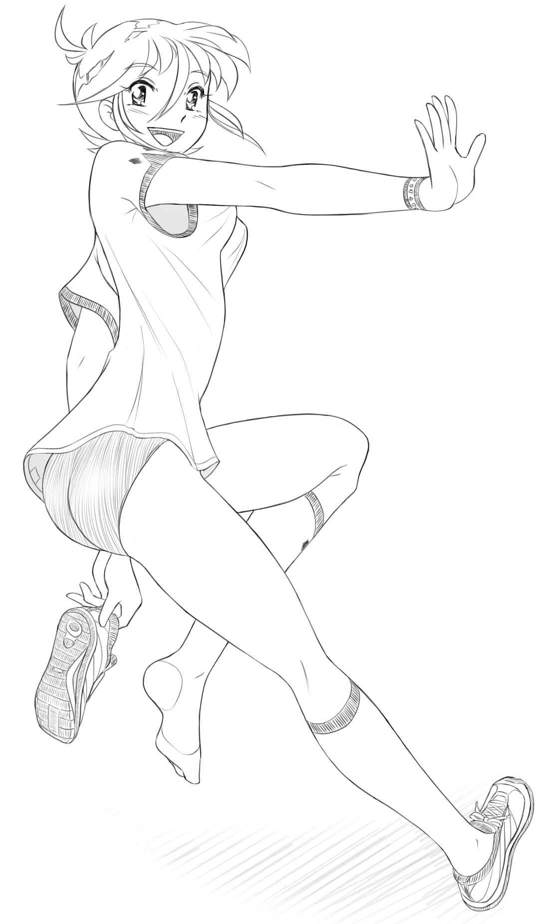 shirokuro jakko, original, commentary, highres, 1girl, ahoge, buruma, full body, greyscale, gym uniform, hair between eyes, holding, holding unworn clothes, kneehighs, looking at viewer, monochrome, shirt, shoes, short hair, sneakers, socks, soles, solo, teeth, upper teeth only
