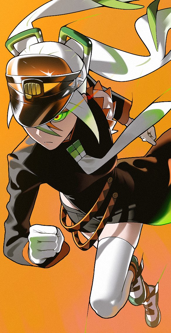 987645321o, fighting miku (project voltage), hatsune miku, nintendo, pokemon, project voltage, vocaloid, 1girl, black coat, clenched hands, closed mouth, coat, eye trail, floating hair, frown, gloves, green eyes, hair ornament, leg up, light trail, long hair, necktie, orange background, running, shoes, shorts, solo, thighhighs, twintails, visor cap, white gloves, white hair, white thighhighs