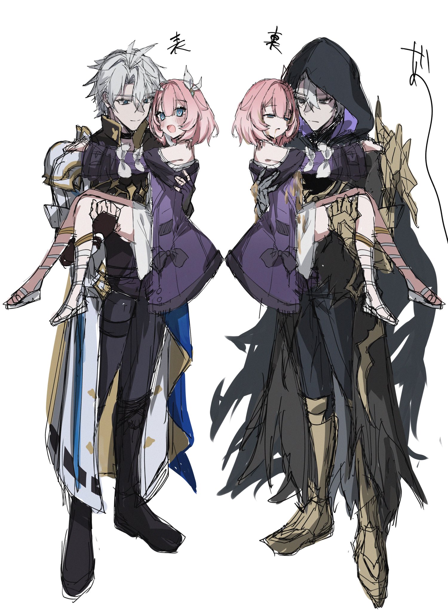 ekaku mim, cyrene (honkai: star rail), flame reaver of the deepest dark, phainon (honkai: star rail), honkai: star rail, honkai (series), commentary request, highres, 1girl, 2boys, bare shoulders, black boots, black gloves, black hood, black pants, blue eyes, boots, carrying, coat, cyrene (aedes elysiae) (honkai: star rail), dress, dual persona, fingerless gloves, gloves, gold blood, gold boots, hair ornament, multicolored hair, multiple boys, open mouth, pants, pink hair, princess carry, purple coat, sandals, simple background, two-tone hair, white background, white coat, white dress, white hair