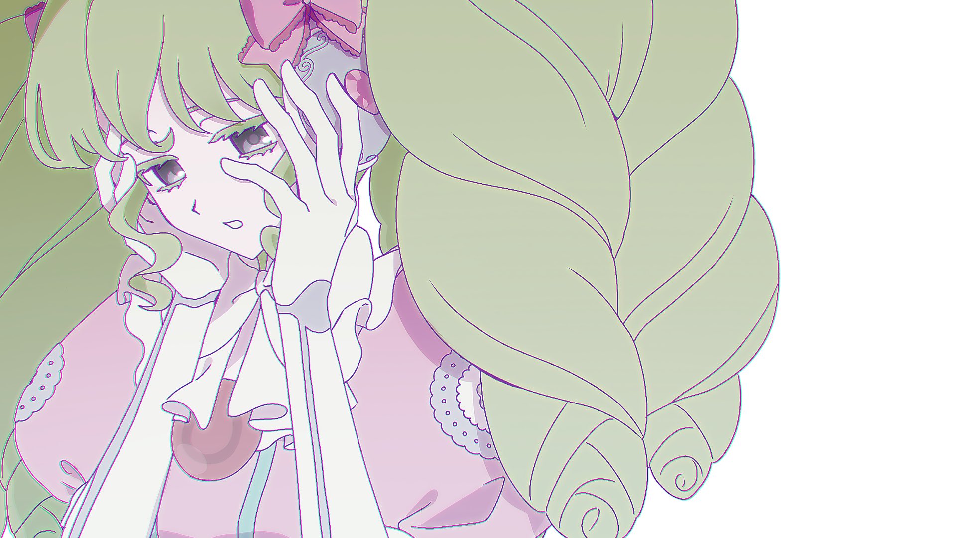 hanamaru (h a n a maru87), falulu, pretty series, pripara, commentary, highres, 1girl, black eyes, bow, bowtie, colored eyelashes, dress, elbow gloves, frilled bow, frills, gloves, green hair, hair bow, hands on own cheeks, hands on own face, hands up, headphones, idol, idol clothes, long hair, parted lips, pink bow, pink dress, puffy short sleeves, puffy sleeves, short sleeves, simple background, solo, sparkle, standing, teeth, upper body, wavy sidelocks, white background, white bow, white bowtie, white gloves
