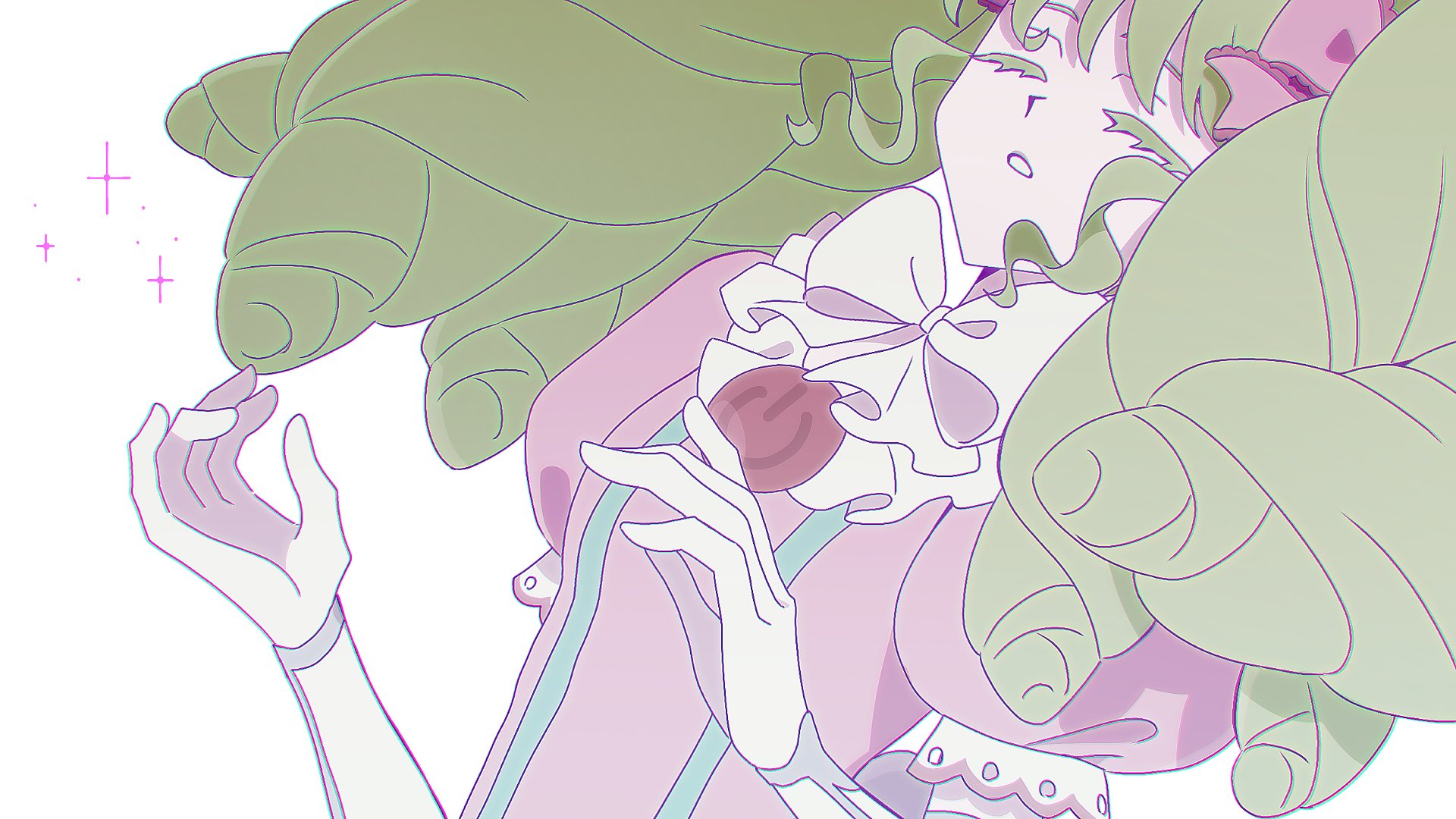 hanamaru (h a n a maru87), falulu, pretty series, pripara, commentary, highres, 1girl, bow, bowtie, closed eyes, collapsing, colored eyelashes, dress, elbow gloves, frilled bow, frills, gloves, green hair, hair bow, hands up, headphones, idol, idol clothes, long hair, parted lips, pink bow, pink dress, puffy short sleeves, puffy sleeves, short sleeves, simple background, solo, sparkle, standing, teeth, upper body, wavy sidelocks, white background, white bow, white bowtie, white gloves