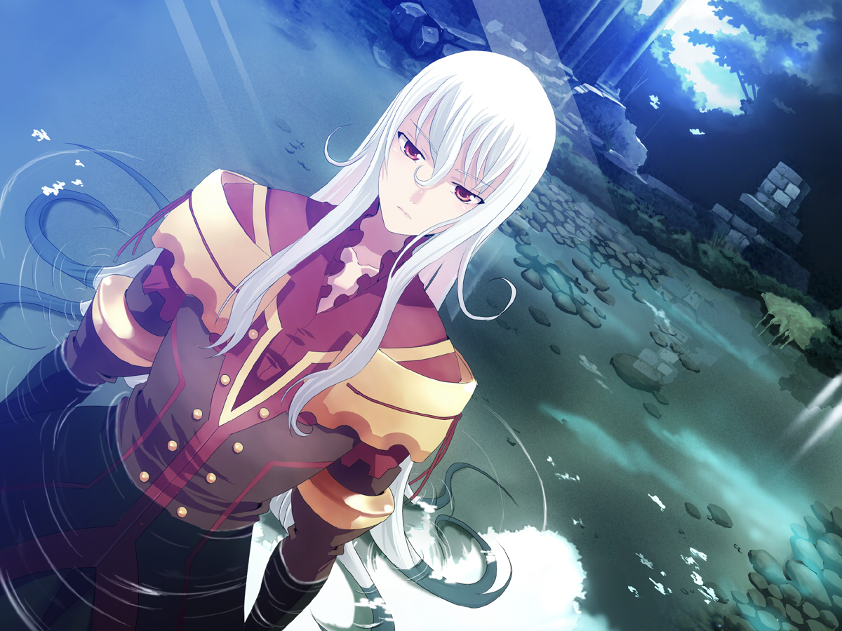 aro, ya (pixiv), duke pantarei, tales of (series), tales of vesperia, bad id, bad pixiv id, 00s, 1boy, dutch angle, long hair, male focus, nature, pond, red eyes, solo, very long hair, water, wet, white hair
