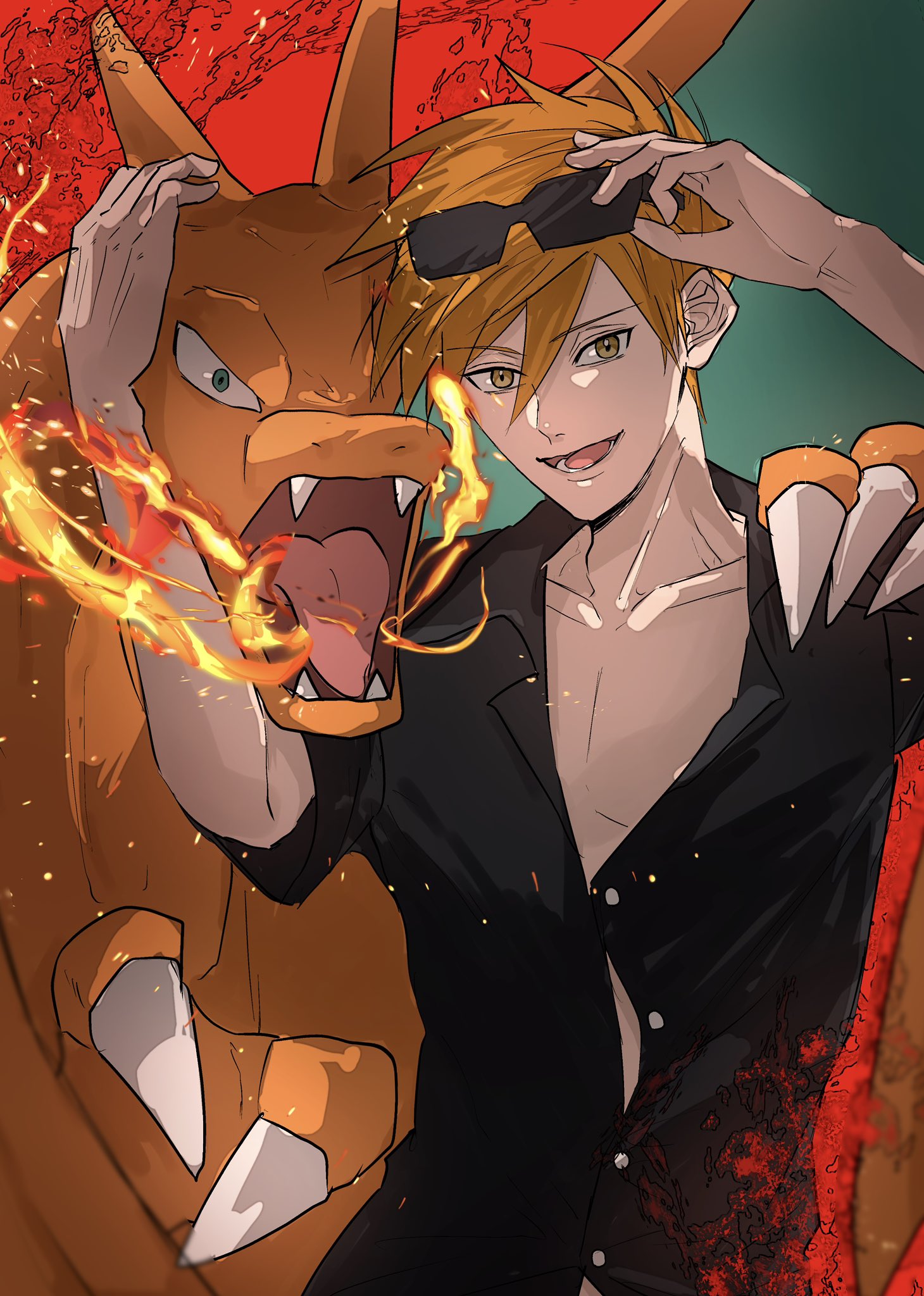 sinm i, blue oak, charizard, nintendo, pokemon, pokemon sm, commentary request, highres, 1boy, adjusting eyewear, black shirt, brown eyes, brown hair, collarbone, gen 1 pokemon, hand on eyewear, looking at viewer, male focus, pokemon (creature), shirt, short hair, sunglasses