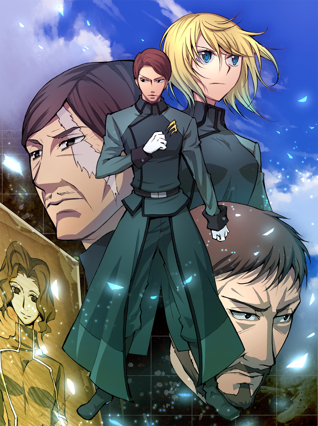 rinen, andrei smirnov, holly smirnov, louise halevy, pang hercules, sergei smirnov, gundam, gundam 00, bad id, bad pixiv id, highres, 00s, 1girl, 3boys, armor, beard, blonde hair, blue sky, bodysuit, breastplate, breasts, brown hair, day, facial hair, looking at viewer, medium breasts, military, military uniform, multiple boys, short hair, sky, standing, wrinkled skin