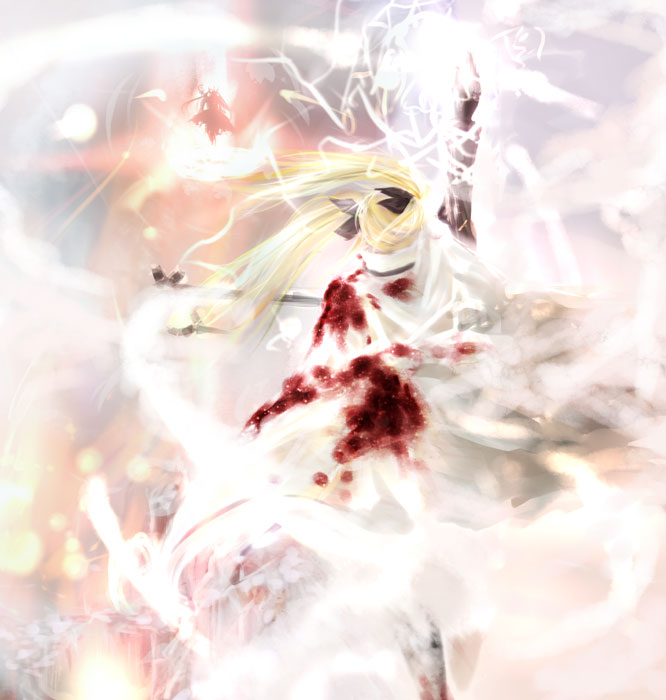 bardiche (nanoha), fate testarossa, raising heart, takamachi nanoha, lyrical nanoha, mahou shoujo lyrical nanoha, mahou shoujo lyrical nanoha strikers, 00s, 2girls, blonde hair, blood, cape, cloak, electricity, gloves, hair ribbon, magic circle, magical girl, multiple girls, ribbon, twintails, white devil