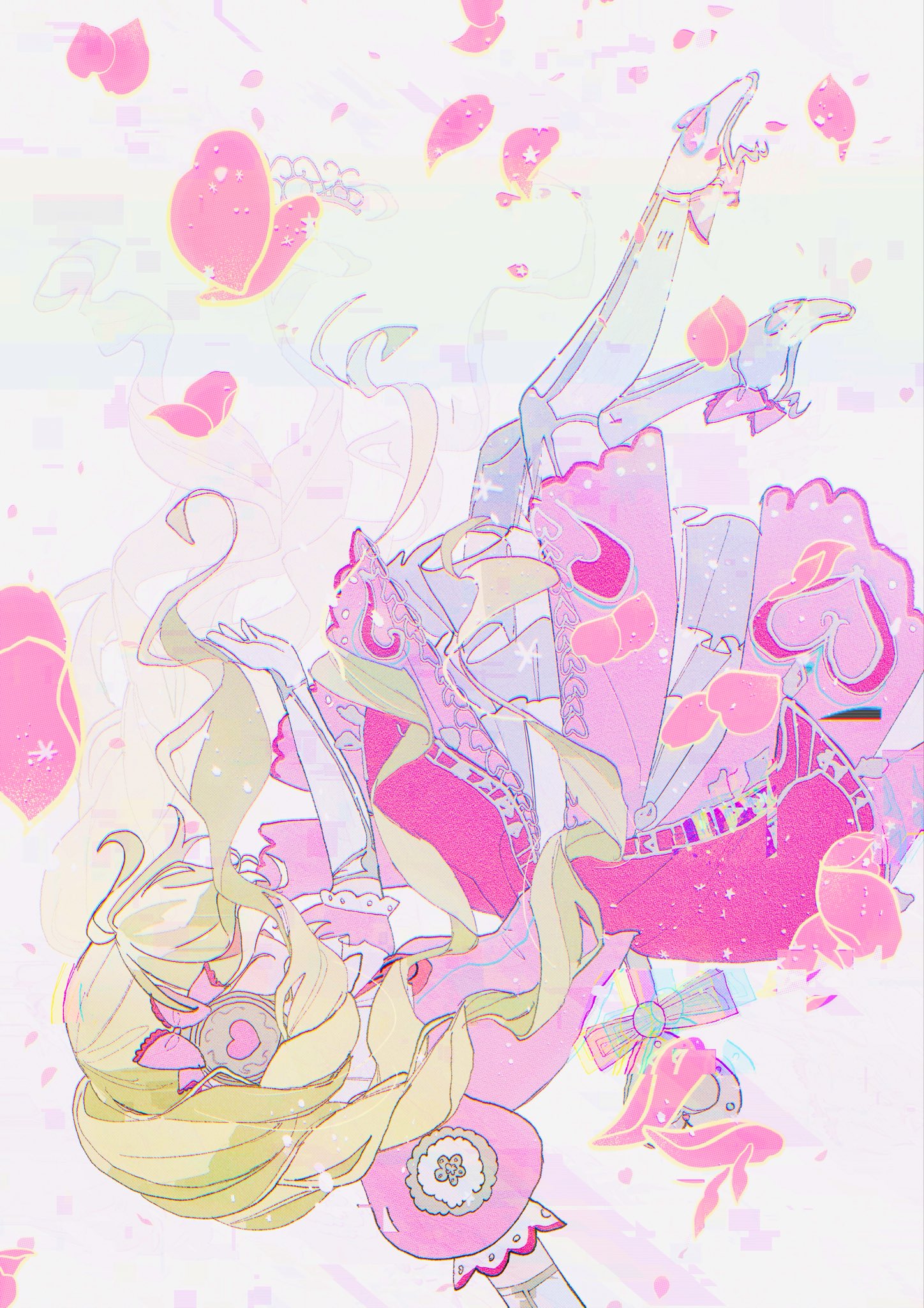 lrprr, falulu, falulu (awakened), pretty series, pripara, commentary, highres, 1girl, boots, bow, dress, elbow gloves, falling, falling petals, floating hair, frilled bow, frills, full body, glitch, gloves, green hair, hair bow, headphones, idol, idol clothes, long hair, petals, pink bow, pink dress, puffy short sleeves, puffy sleeves, short sleeves, solo, thigh boots, wavy hair, white boots, white gloves