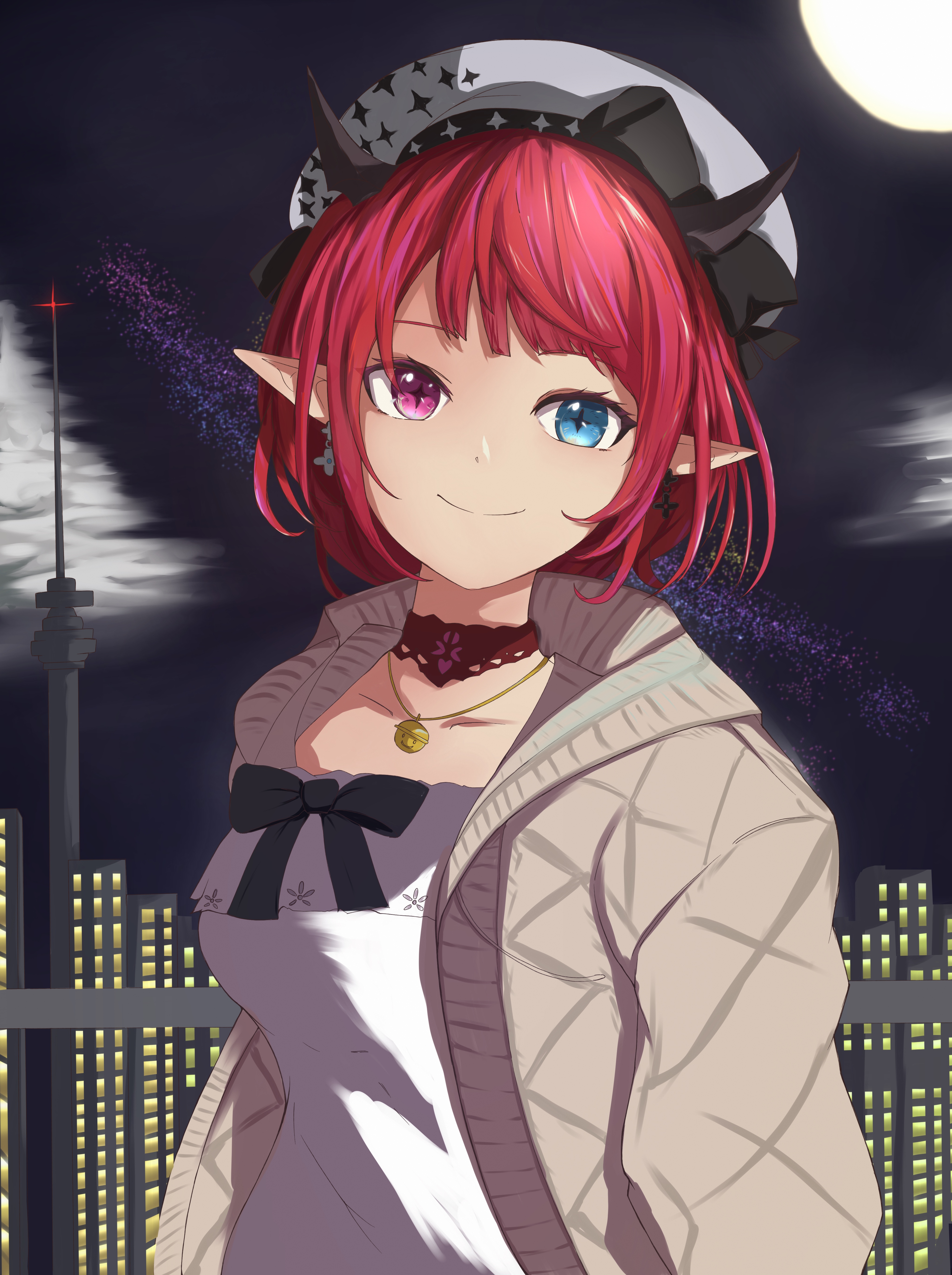 guyrys, irys (casualrys) (hololive), irys (hololive), hololive, hololive english, absurdres, commentary, english commentary, highres, 1girl, beret, black bow, black choker, blue eyes, bob cut, bow, breasts, brown cardigan, building, cardigan, choker, closed mouth, dress, earrings, full moon, gold necklace, hat, heterochromia, hood, hooded cardigan, horns, jewelry, lace-trimmed choker, lace trim, long sleeves, looking at viewer, medium breasts, moon, necklace, night, night sky, official alternate costume, official alternate hair length, official alternate hairstyle, open cardigan, open clothes, pointy ears, purple eyes, purple hair, radio tower, red hair, short hair, sky, smile, solo, vendetta666, virtual youtuber, white dress, white hat