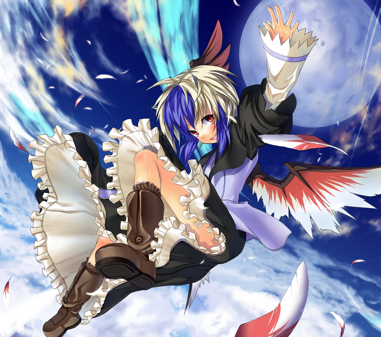 eho (icbm), kaiho, tokiko (touhou), touhou, silver hair, bad id, bad pixiv id, 1girl, boots, dress, feathers, female focus, flying, head wings, horns, moon, multicolored hair, outdoors, red eyes, sky, solo, wings