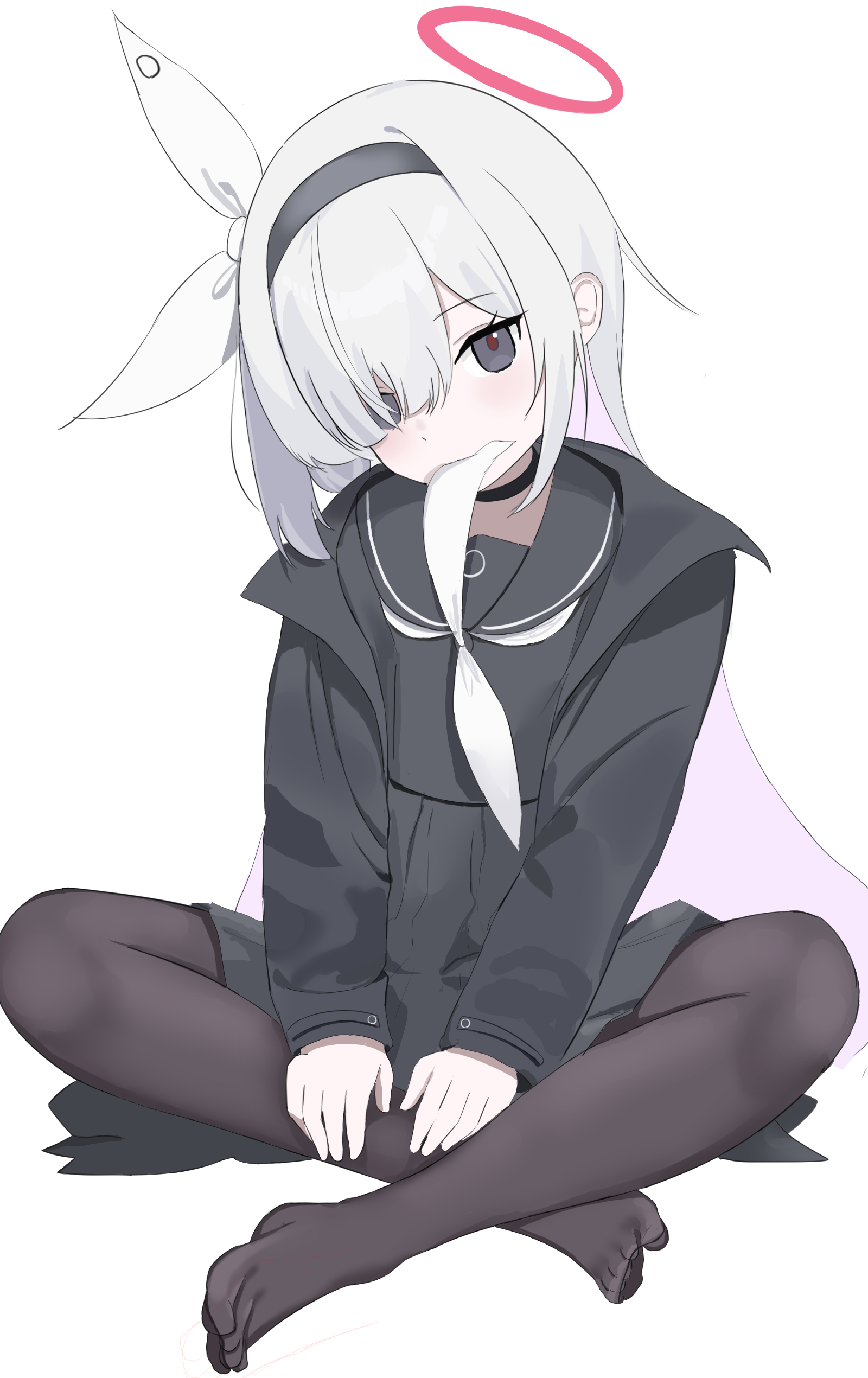 plana (blue archive), blue archive, absurdres, highres, 1girl, black pantyhose, black sailor collar, black serafuku, black shirt, black skirt, grey eyes, grey hair, halo, looking at viewer, multicolored hair, neckerchief, pantyhose, pink hair, red halo, sailor collar, school uniform, serafuku, shirt, si shirono, simple background, skirt, solo, thighs, two-tone hair, white background, white neckerchief