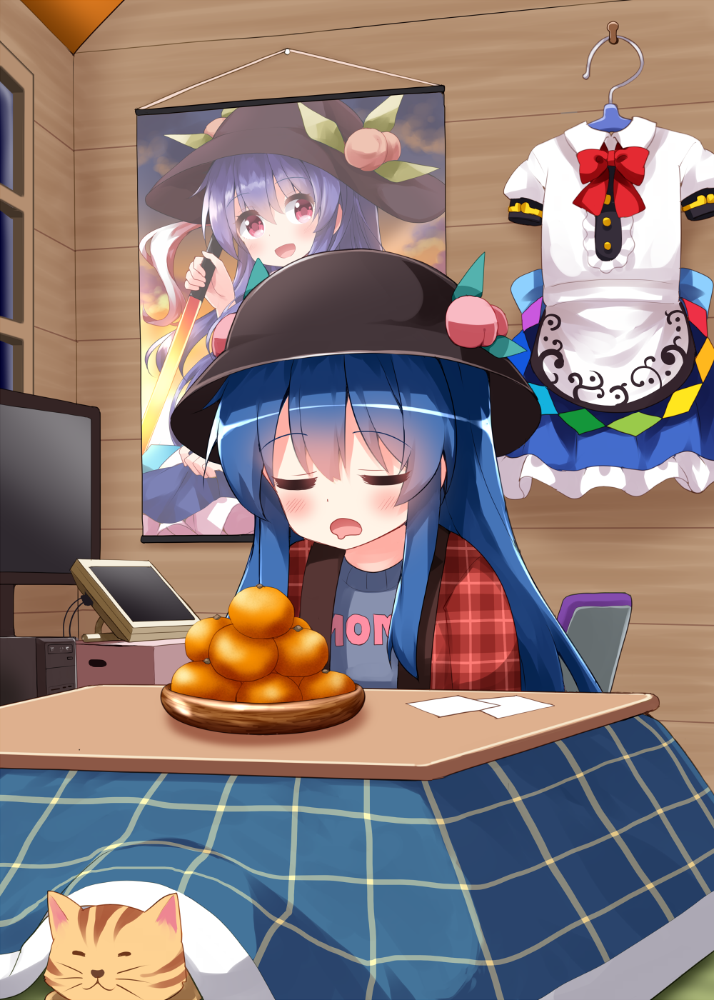 ruu (tksymkw), hinanawi tenshi, touhou, highres, 1girl, alternate costume, black hat, blue hair, cat, closed eyes, drawing tablet, food, fruit, hat, indoors, leaf, long hair, monitor, open mouth, orange (fruit), peach, poster (object), red eyes, sleeping, solo, window