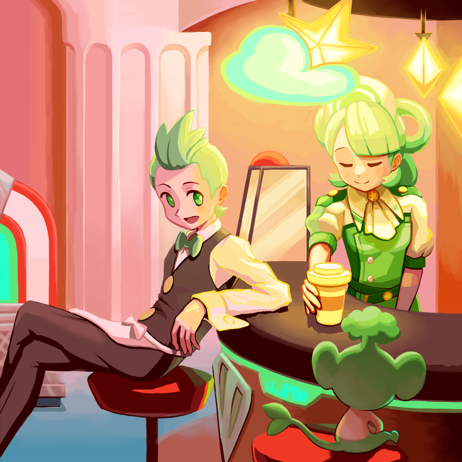 ffccll, cilan (pokemon), pansage, trinnia (pokemon), nintendo, pokemon, pokemon bw, pokemon masters ex, commentary, 1boy, 1girl, :d, apron, ascot, bar (place), bar stool, bow, bowtie, crossed legs, cup, disposable coffee cup, disposable cup, gen 5 pokemon, green bow, green bowtie, green eyes, green hair, happy, hat, indoors, long sleeves, looking to the side, open mouth, pants, pokemon (creature), shirt, short hair, sitting, smile, stool, vest, waist apron