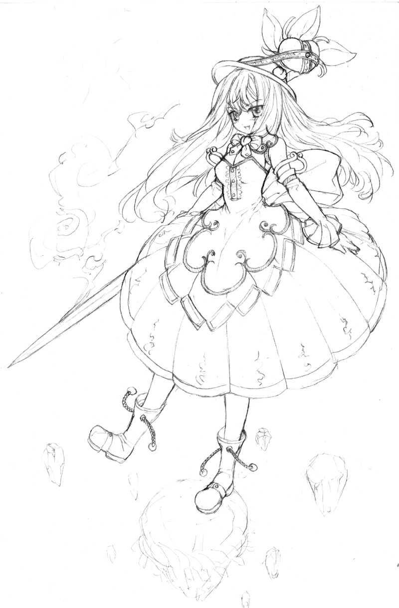chaotic-unknown, hinanawi tenshi, touhou, bad id, bad pixiv id, graphite (medium), highres, traditional media, 1girl, female focus, greyscale, monochrome, solo
