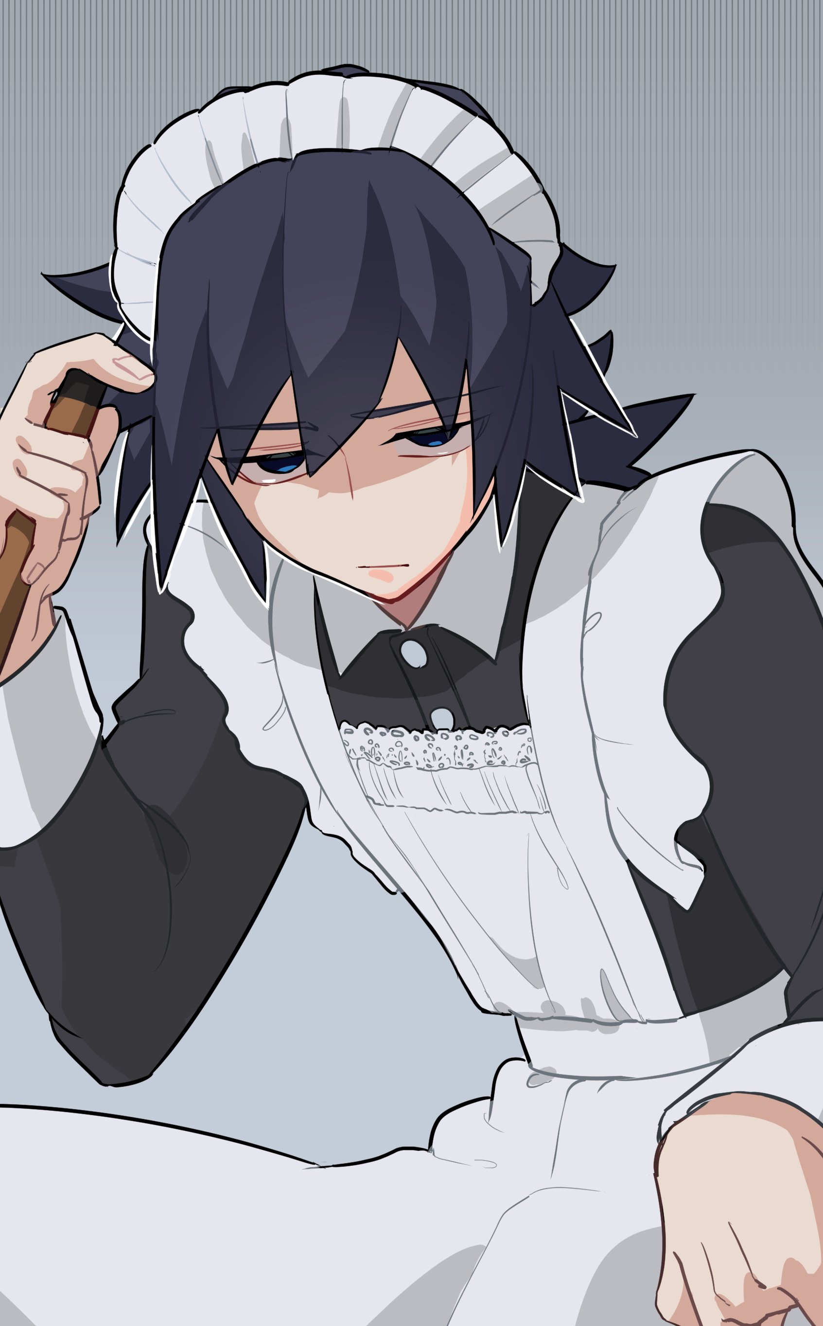 tomioka giyuu, kimetsu no yaiba, absurdres, highres, 1boy, alternate costume, apron, black hair, black shirt, closed mouth, crossdressing, crossdressing (mtf), grey background, half-closed eyes, hand up, looking at viewer, low ponytail, maid, maid apron, maid headdress, male focus, ponytail, shirt, simple background, solo, spiked hair, watawata1126
