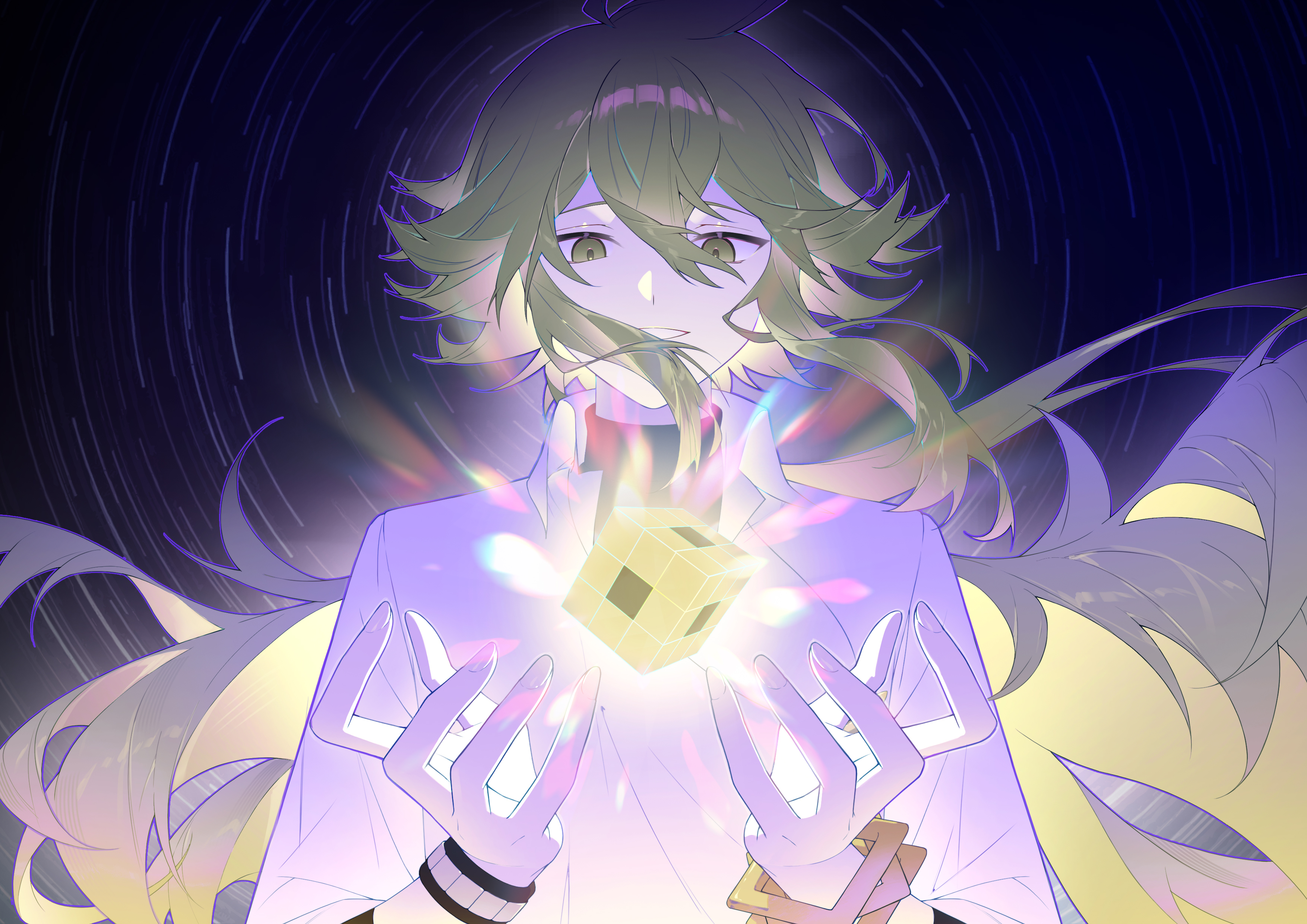 mongguri, n (pokemon), nintendo, pokemon, pokemon bw, absurdres, highres, 1boy, bangle, bracelet, collared shirt, floating hair, glowing object, green eyes, green hair, grin, hair between eyes, jewelry, long hair, looking down, male focus, shirt, smile, solo, teeth, undershirt, upper body, white shirt, wristband
