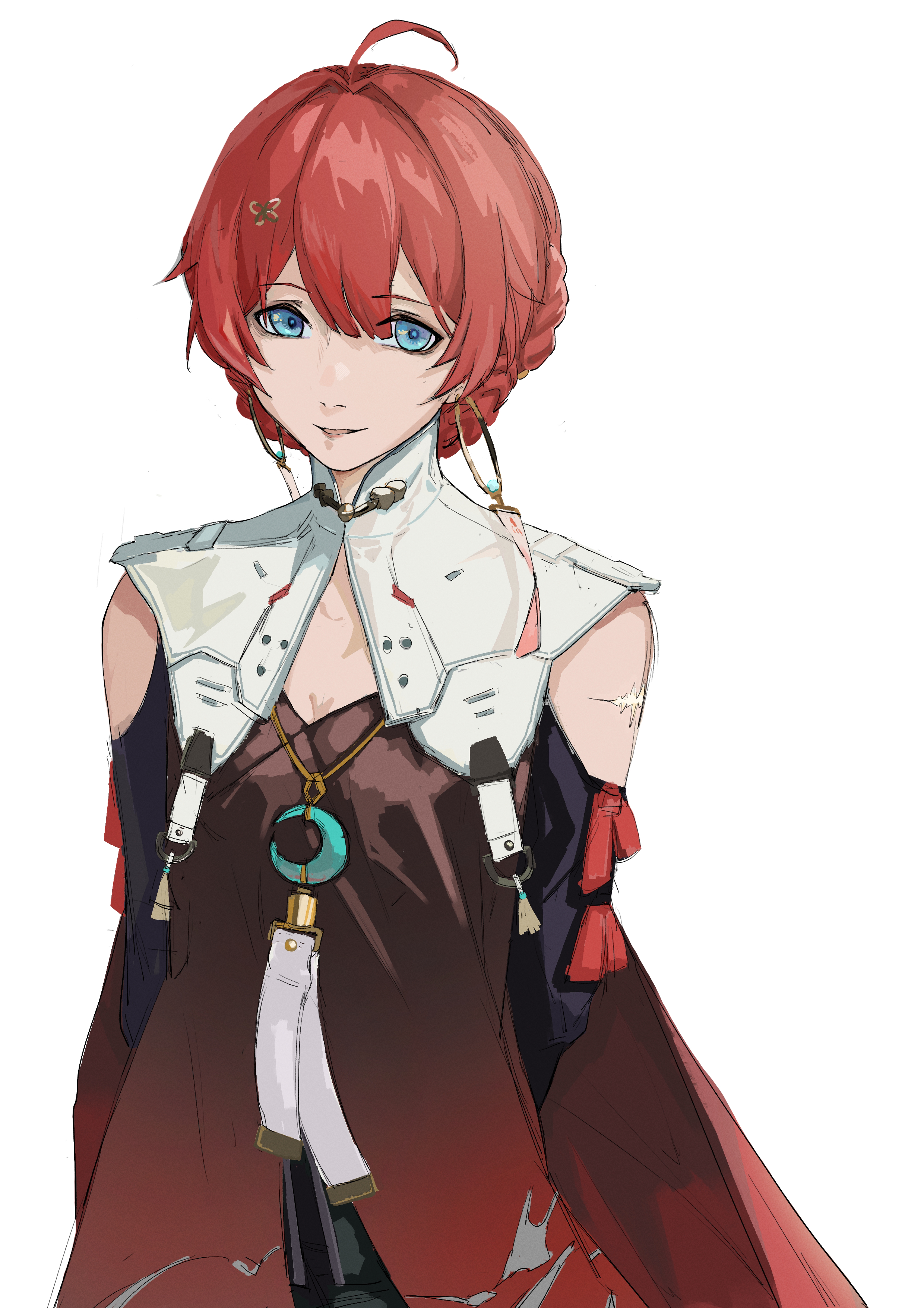 2540022058, danjin (wuthering waves), wuthering waves, absurdres, chinese commentary, commentary request, highres, 1girl, ahoge, arms behind back, blue eyes, breasts, cleavage, clothing cutout, collar, earrings, folded braid, hair ornament, hoop earrings, jewelry, looking at viewer, medium breasts, parted lips, red tabard, shoulder cutout, simple background, smile, solo, tabard, tacet mark (wuthering waves), upper body, white background, white collar