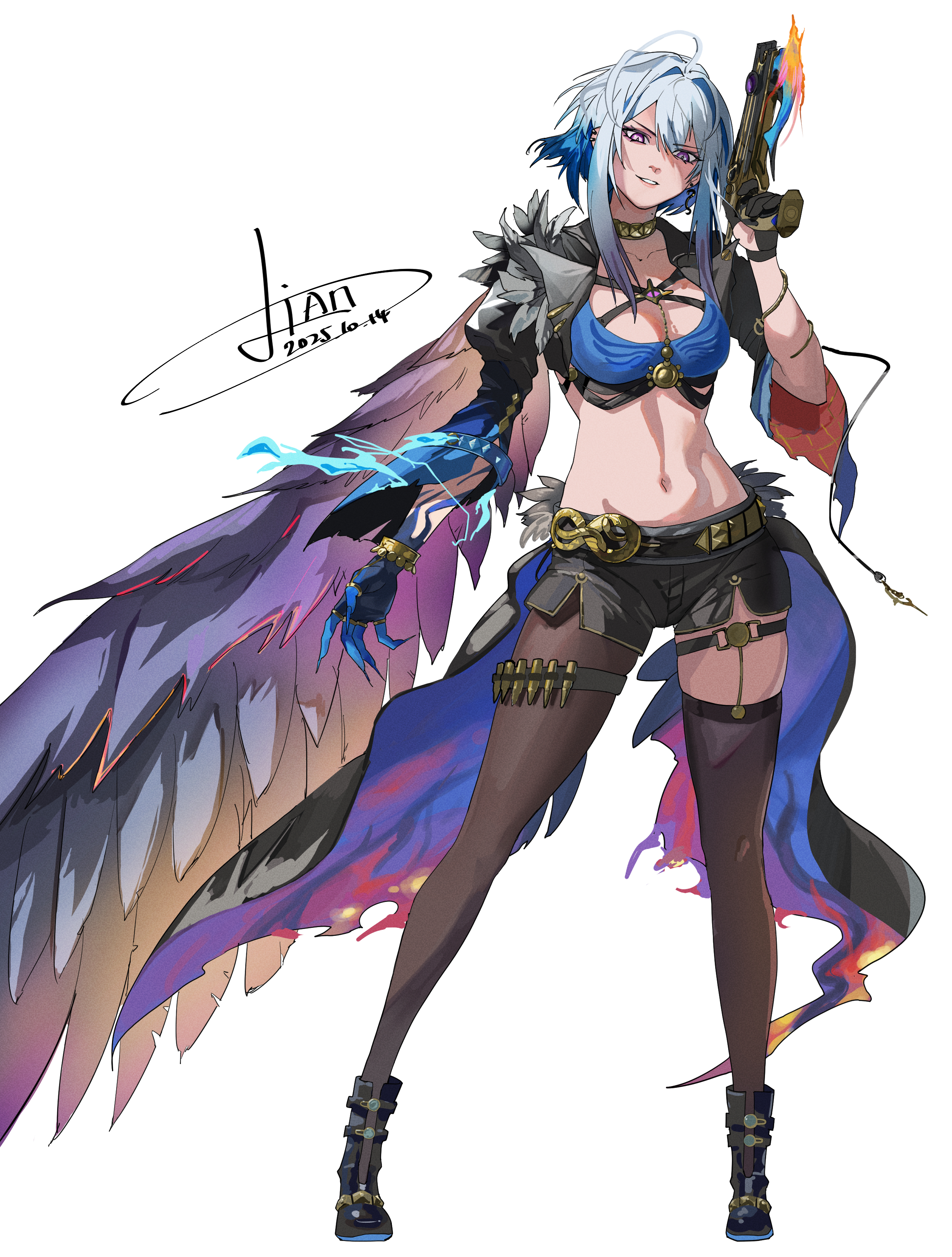 2540022058, galbrena (wuthering waves), wuthering waves, absurdres, chinese commentary, commentary request, highres, 1girl, black gloves, black jacket, black pantyhose, black shorts, black thighhighs, black wings, blue bra, blue hair, blue nails, bra, breasts, cleavage, colored inner hair, cropped jacket, dated, feathered wings, gloves, grey hair, gun, holding, holding gun, holding weapon, jacket, looking at viewer, medium breasts, medium hair, multicolored hair, mutation, nail polish, navel, pantyhose, parted lips, purple eyes, shorts, signature, simple background, single leg pantyhose, single thighhigh, single wing, smile, solo, standing, stomach, thigh strap, thighhighs, underwear, very long fingernails, weapon, white background, wings