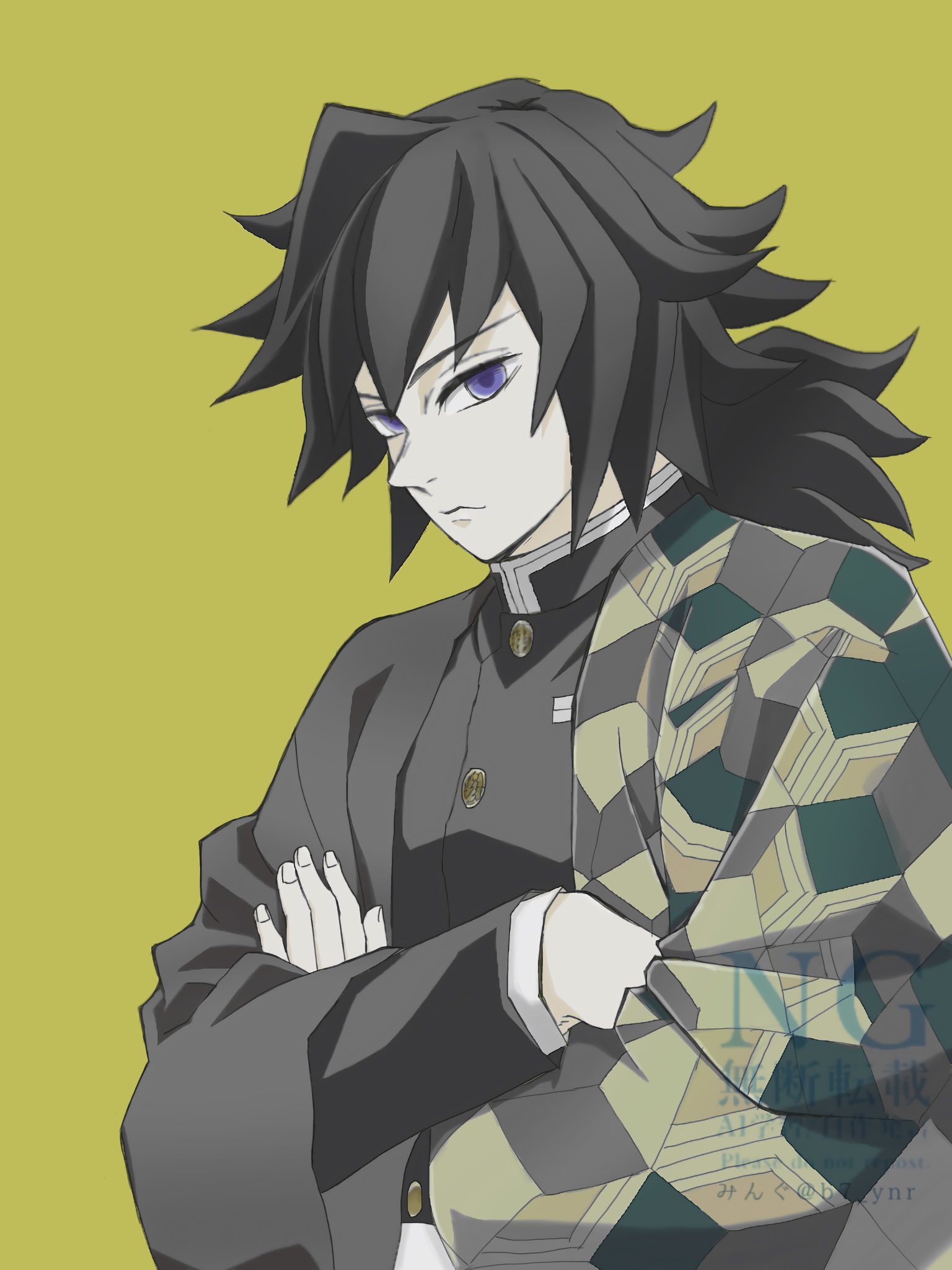tomioka giyuu, kimetsu no yaiba, highres, 1boy, b7 ynr, black hair, black jacket, blue eyes, buttons, closed mouth, crossed arms, demon slayer uniform, gold buttons, haori, high collar, jacket, japanese clothes, kikkoumon, looking at viewer, low ponytail, male focus, muted color, ponytail, print haori, simple background, solo, spiked hair, upper body, yellow background