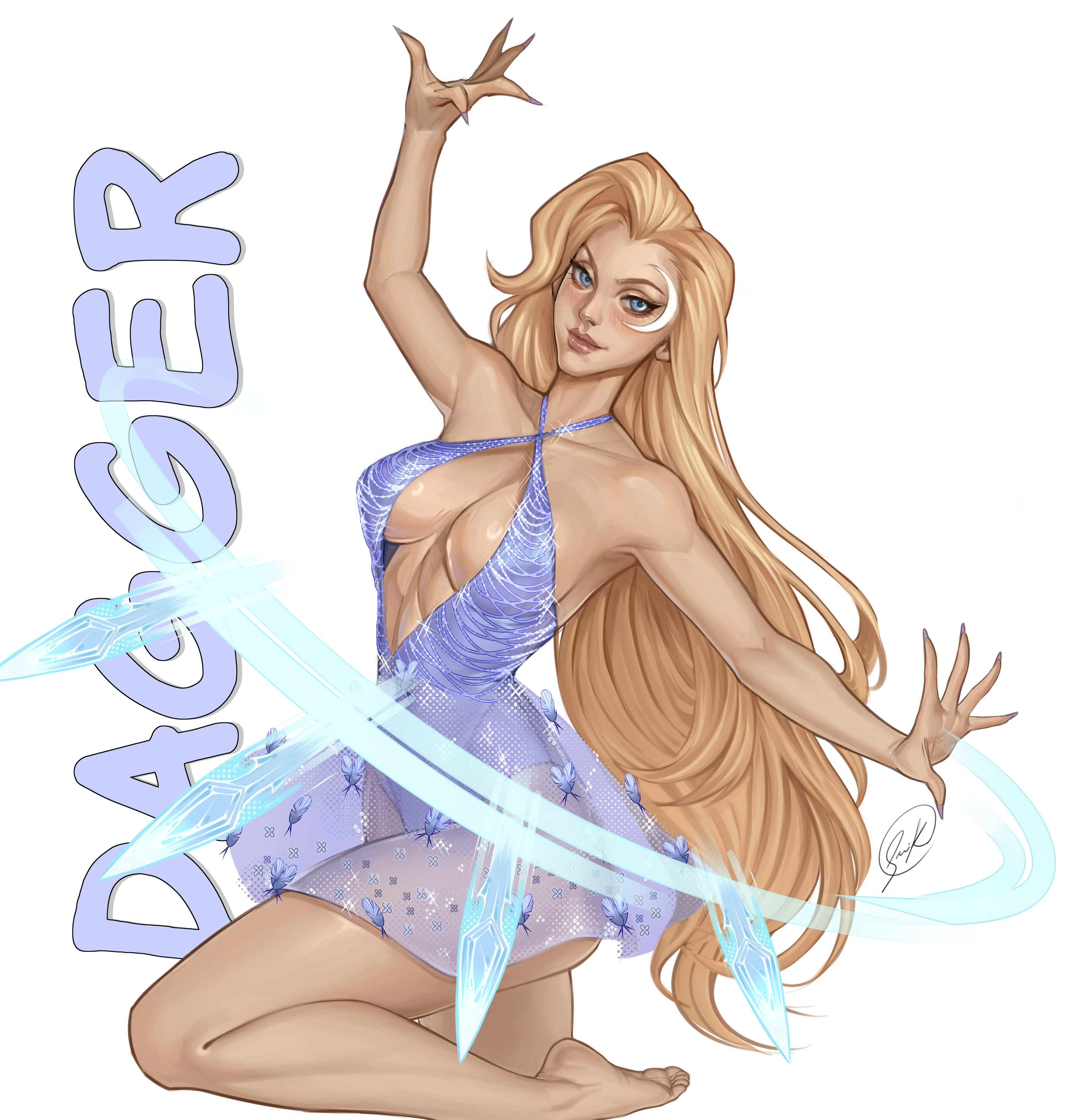 dagger (marvel), marvel, marvel rivals, absurdres, highres, 1girl, abs, blonde hair, blue eyes, bodysuit, breasts, cleavage, crescent, crescent facial mark, facial mark, large breasts, long hair, looking at viewer, smile, solo, soulderik, swimsuit, thighs, white bodysuit