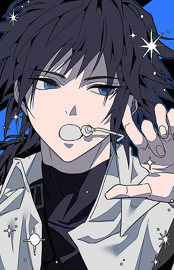 t a n jr, tomioka giyuu, kimetsu no yaiba, 1boy, alternate costume, black hair, black shirt, blue eyes, fingernails, hand up, haori, jacket, japanese clothes, looking to the side, low ponytail, male focus, microphone, ponytail, red haori, shirt, solo, sparkle, spiked hair, upper body, white jacket