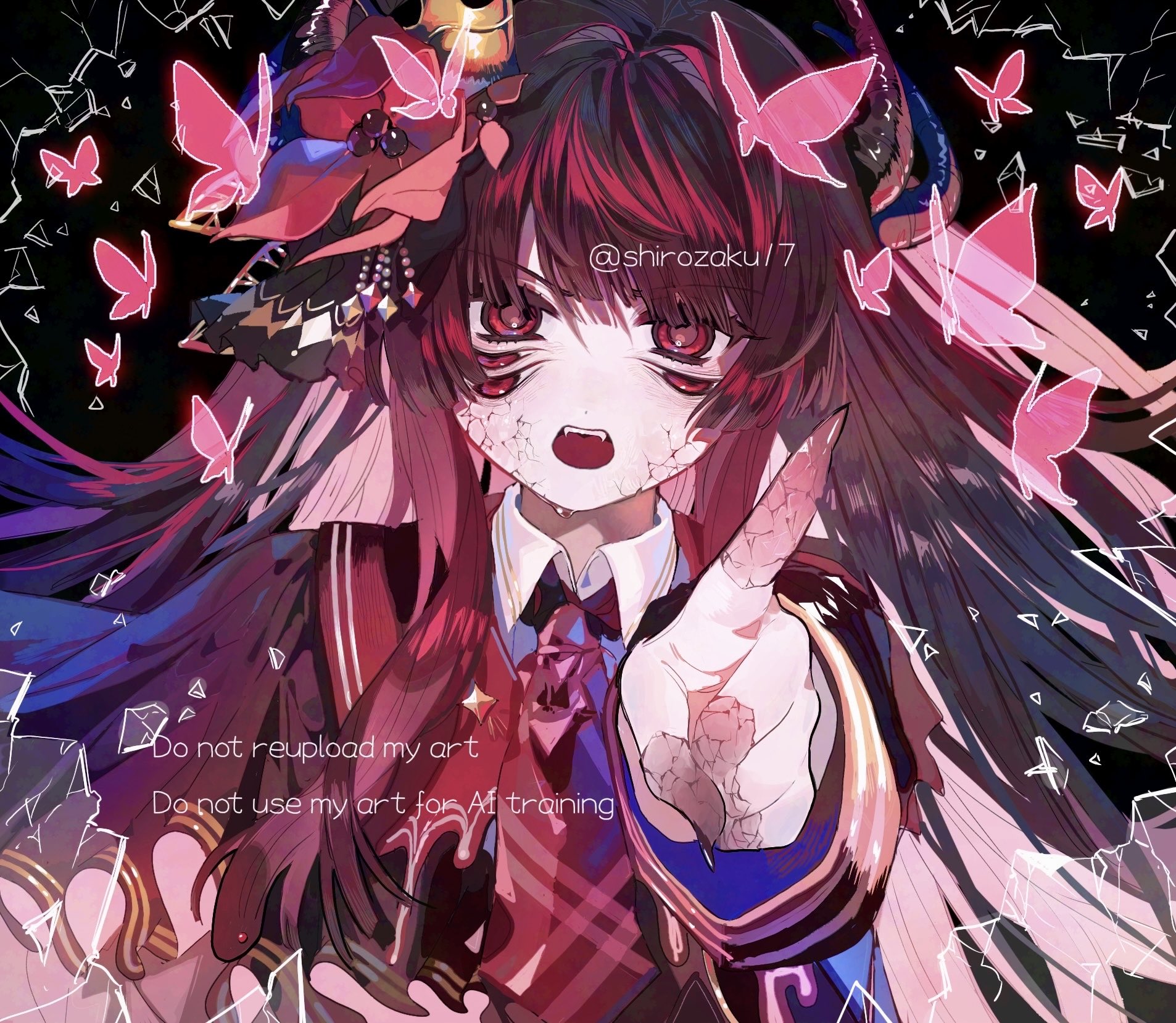 shirozakura, nikaido hiro, mahou shoujo no majo saiban, commentary, highres, spoilers, 1girl, black background, black hair, broken glass, bug, butterfly, cracked skin, crown, curved horns, demon horns, extra eyes, fingernails, flower, glass, hair flower, hair ornament, hime cut, horns, insect, long fingernails, long hair, looking at viewer, magical girl, necktie, open mouth, pointing, red butterfly, red eyes, red flower, red necktie, scales, solo, sweatdrop, very long hair, watermark