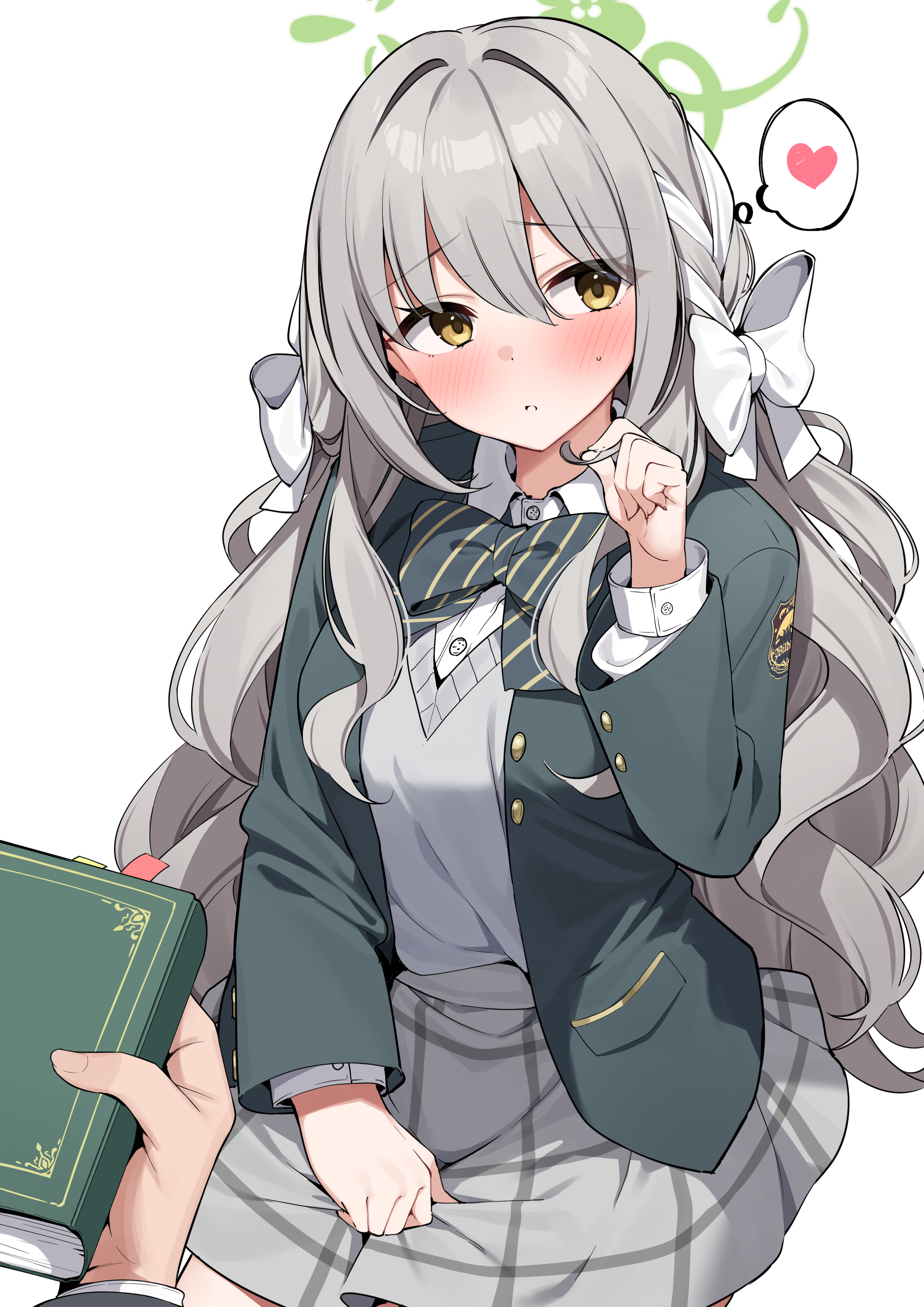 suiroh (shideoukami), miyo (blue archive), blue archive, absurdres, highres, 1boy, 1girl, ?, averting eyes, book, bow, braid, breasts, collared shirt, flower halo, green halo, green jacket, grey hair, grey skirt, grey sweater, hair bow, hair intakes, hair ribbon, halo, heart, holding, holding book, holding own hair, jacket, large breasts, long hair, long sleeves, looking to the side, miniskirt, open clothes, open jacket, plaid clothes, plaid skirt, pleated skirt, pov, pov hands, raised inner eyebrows, ribbon, ribbon braid, shirt, side braids, simple background, skirt, solo focus, speech bubble, spoken heart, spoken question mark, sweater, thought bubble, white background, white bow, white shirt, yellow eyes