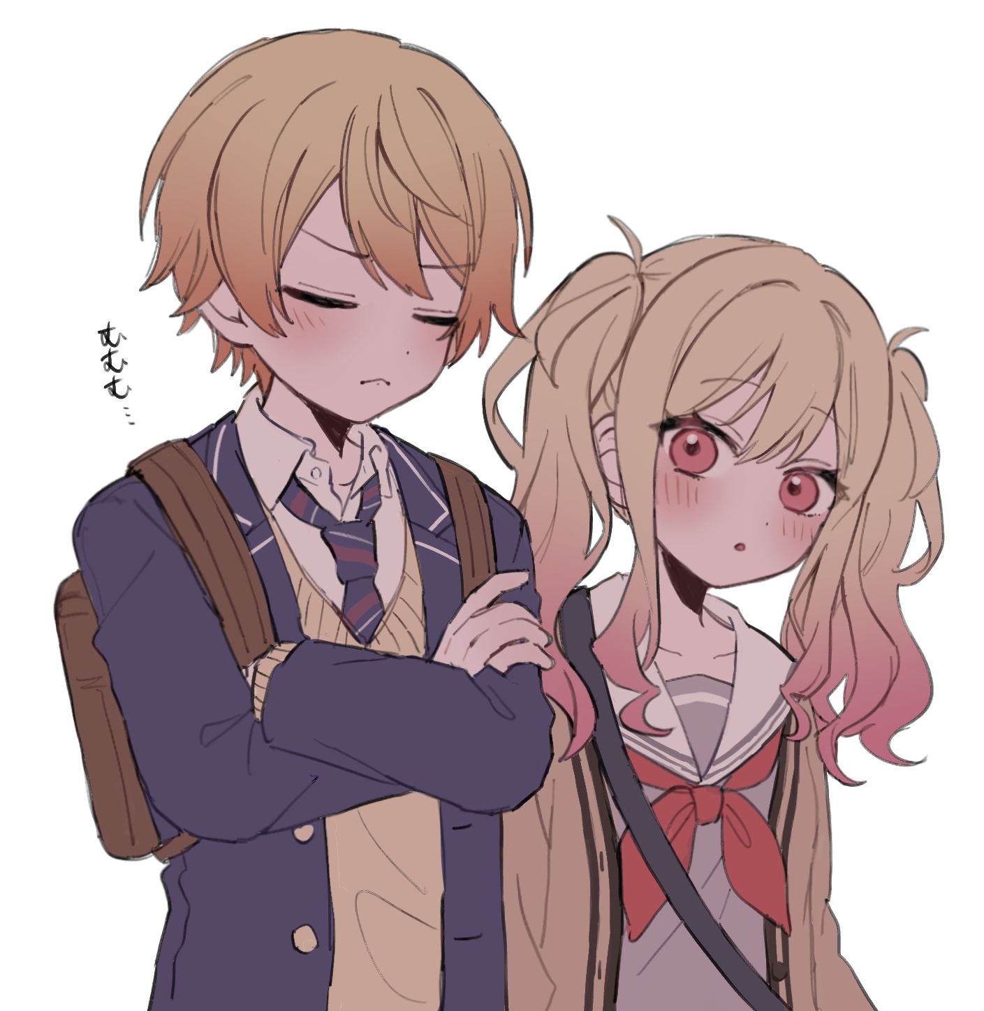 mu ri003, tenma saki, tenma tsukasa, project sekai, highres, 1boy, 1girl, backpack, bag, blonde hair, blush, brother and sister, cardigan, closed eyes, crossed arms, diagonal-striped clothes, diagonal-striped necktie, dot nose, gradient hair, grey shirt, jacket, kamiyama high school uniform (project sekai), long hair, long sleeves, miyamasuzaka girls' academy school uniform, multicolored hair, neckerchief, necktie, pink eyes, pink hair, red neckerchief, sailor collar, school uniform, serafuku, shirt, short hair, siblings, simple background, striped clothes, thinking, twintails, white background, white sailor collar, yellow cardigan