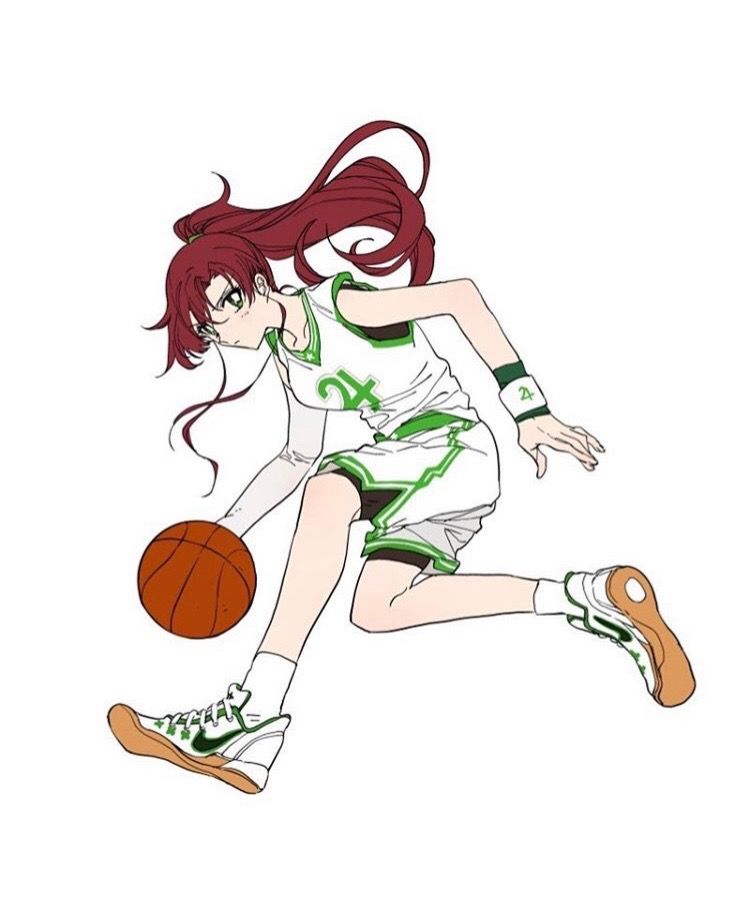 hattori masahiko, kino makoto, bishoujo senshi sailor moon, bad id, bad twitter id, 1girl, ball, basketball, basketball (object), basketball uniform, brown hair, full body, jupiter symbol, looking at viewer, ponytail, shirt, shoe soles, shoes, shorts, simple background, sneakers, socks, solo, sportswear, white background, white shirt, white shorts, white socks