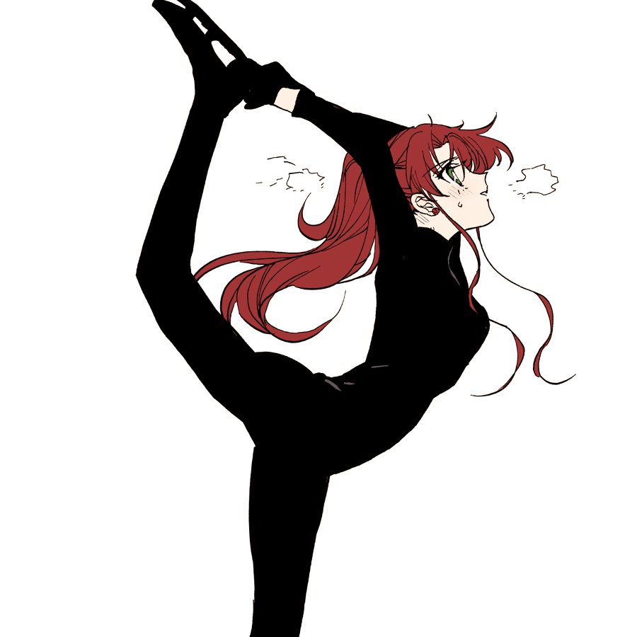 hattori masahiko, kino makoto, bishoujo senshi sailor moon, bad id, bad twitter id, 1girl, arms up, black bodysuit, bodysuit, brown hair, from side, ice skates, ice skating, leg up, long hair, simple background, skates, skating, solo, white background
