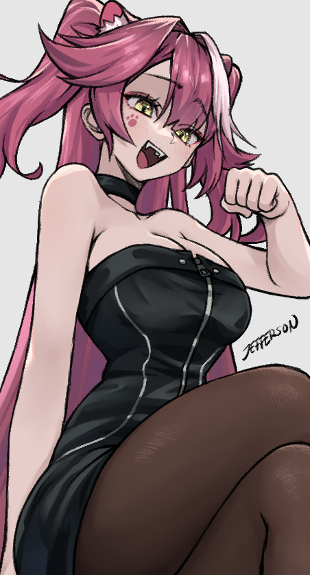 jeffraeson, raora panthera, hololive, hololive english, commentary, 1girl, animal ears, animal hands, artist name, bare shoulders, black choker, black dress, blush, breasts, brown pantyhose, choker, cleavage, collarbone, crossed legs, dress, eyeshadow, facial mark, fangs, grey background, hair intakes, large breasts, long hair, makeup, multicolored hair, open mouth, panther ears, panther girl, pantyhose, pink eyes, pink eyeshadow, pink hair, simple background, smile, solo, strapless, strapless dress, streaked hair, teeth, thighs, two-tone hair, two side up, upper teeth only, virtual youtuber, yellow eyes, zipper pull tab