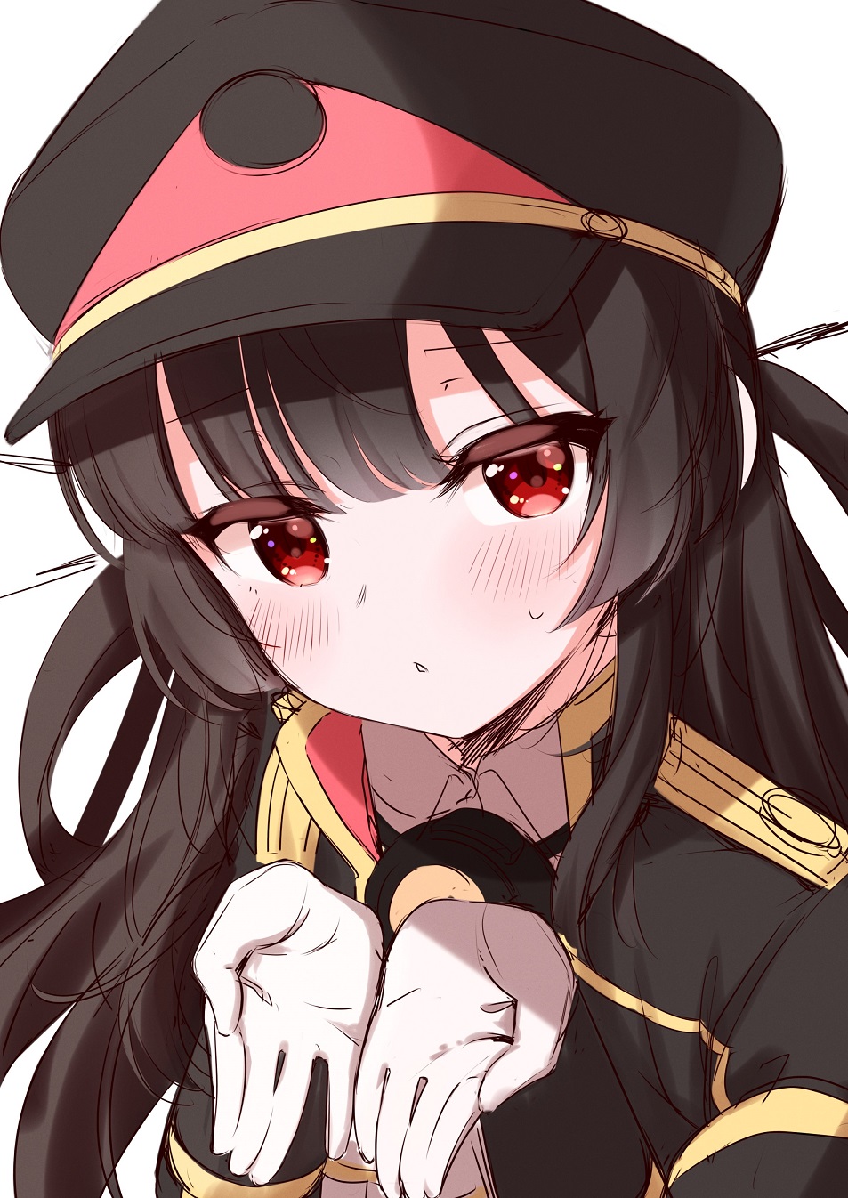 umi (umi no kusomusi), hachiroku (maitetsu), maitetsu, commentary request, highres, 1girl, black hair, black hat, black jacket, blowing kiss, blush, cupping hands, furrowed brow, gloves, hands up, hat, jacket, light frown, long hair, long sleeves, looking at viewer, own hands together, parted lips, peaked cap, portrait, red eyes, shoulder boards, simple background, solo, sweatdrop, triangle mouth, two side up, white background, white gloves, wing collar