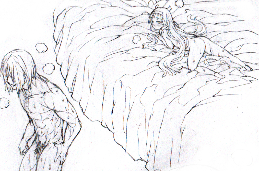 chaotic-unknown, nagi, kannagi, bad id, bad pixiv id, graphite (medium), traditional media, 00s, 1boy, 1girl, aftersex, ass, bed, blunt bangs, cum, greyscale, lying, monochrome, nude, penis, spread legs, standing, uncensored, white background